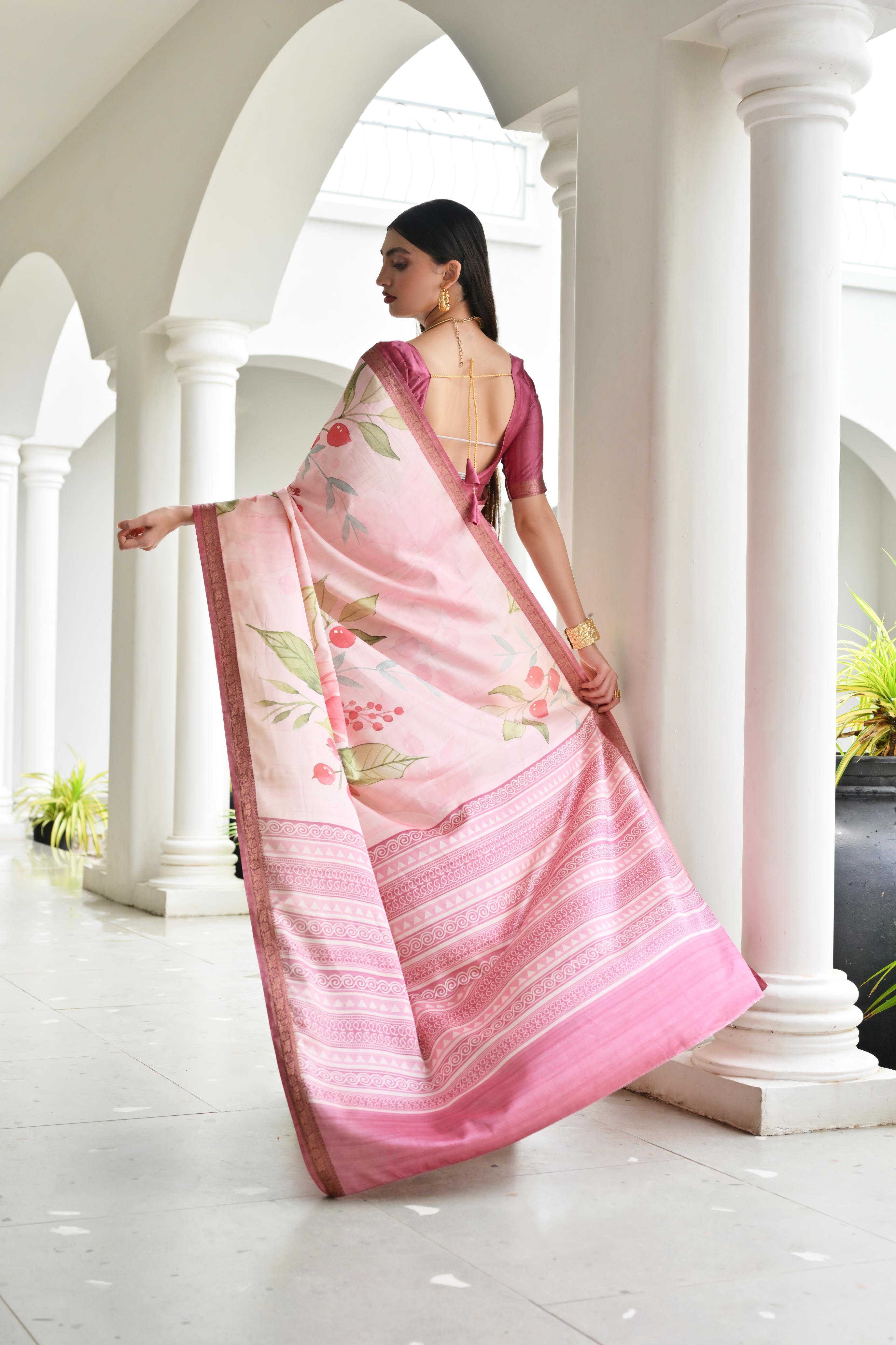 Beige Pink Printed Woven Satin Silk Saree — alternate view