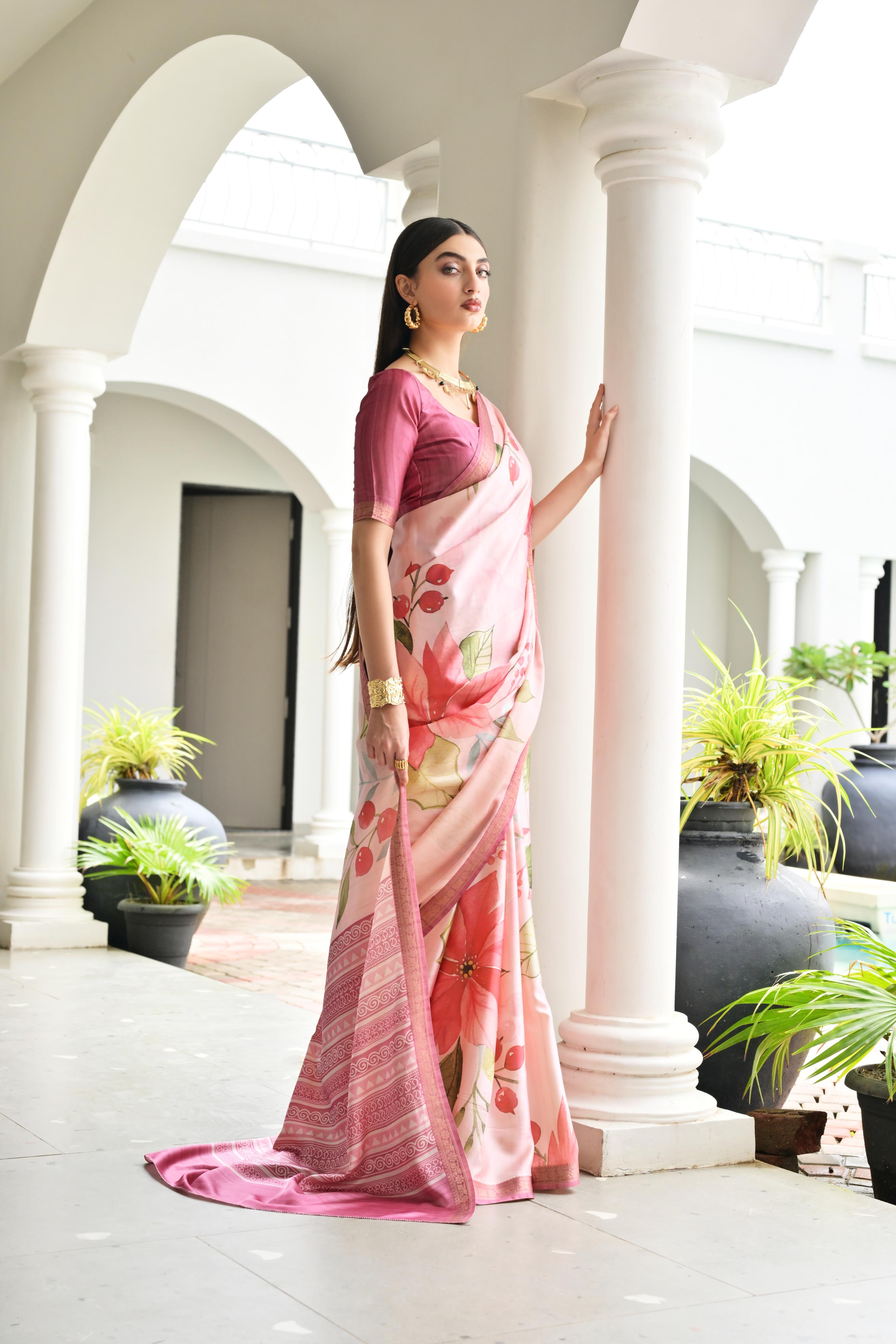 Beige Pink Printed Woven Satin Silk Saree