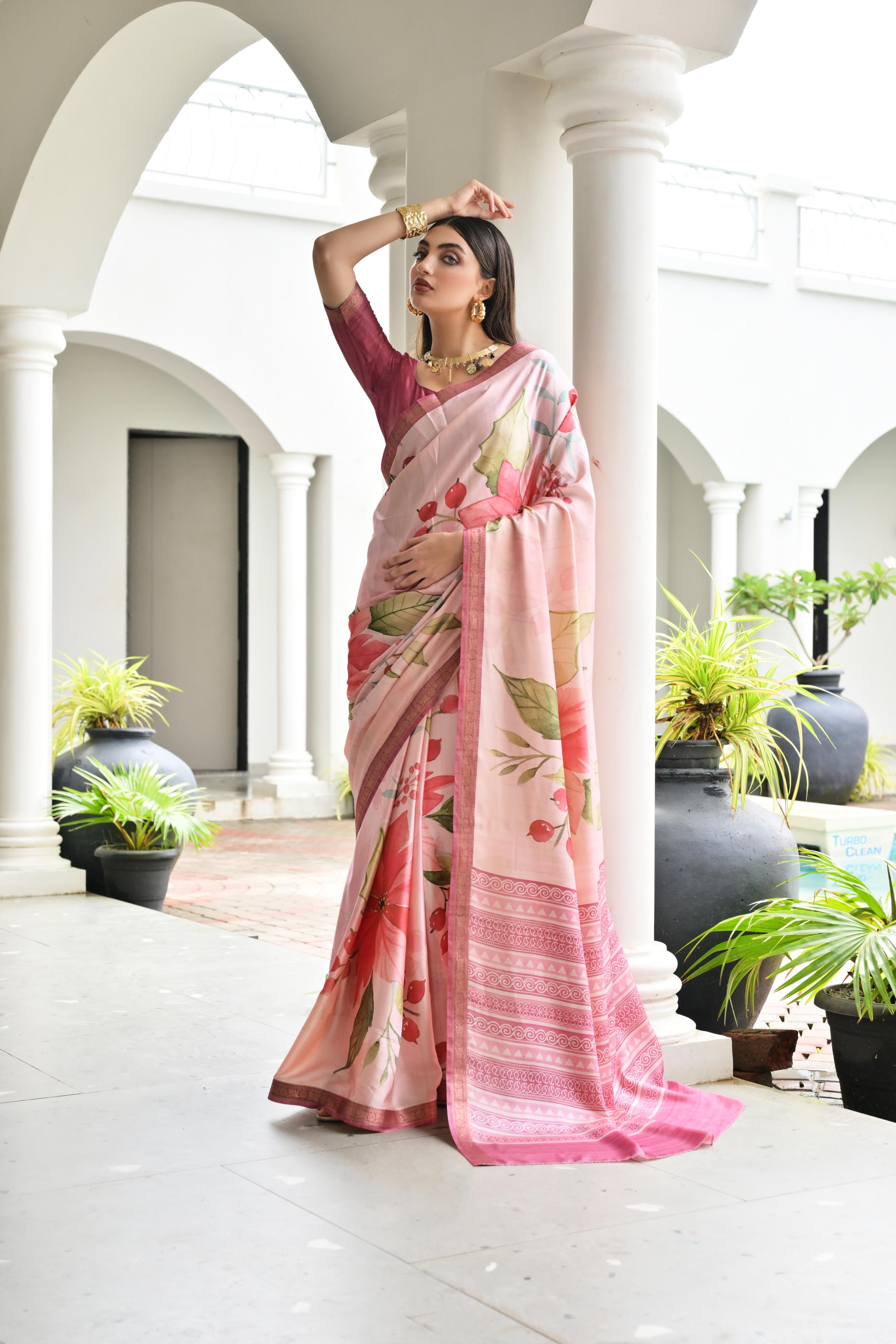 Beige Pink Printed Woven Satin Silk Saree