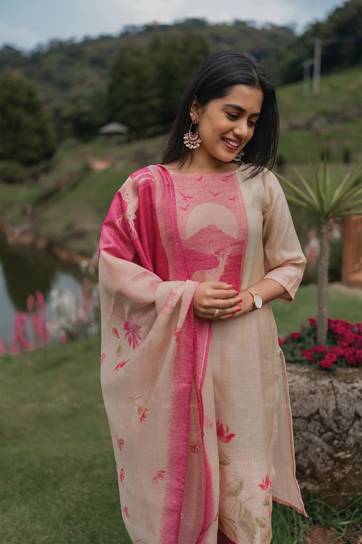 Beige Pink Scenic Printed Salwar Suit