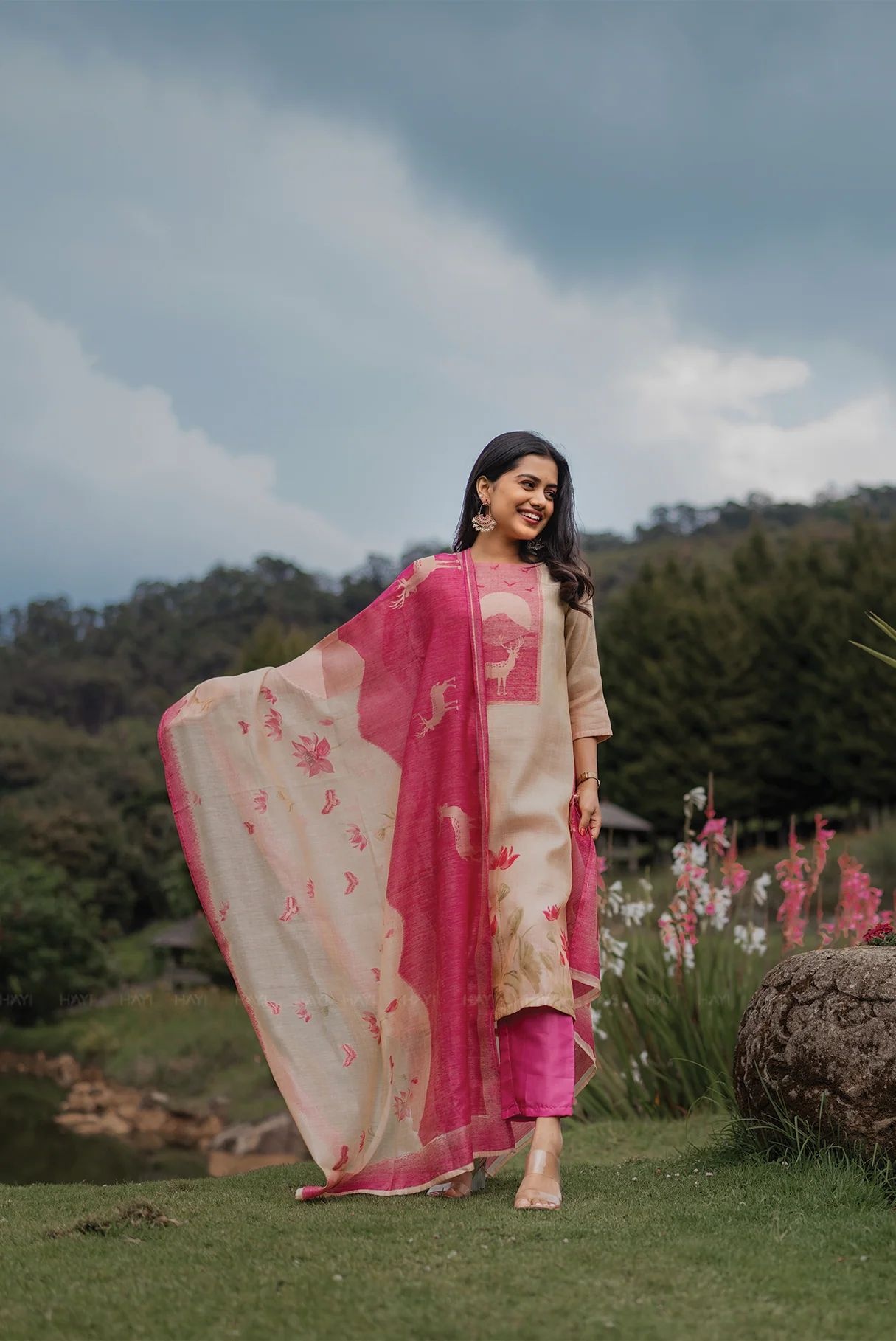 Beige Pink Scenic Printed Salwar Suit