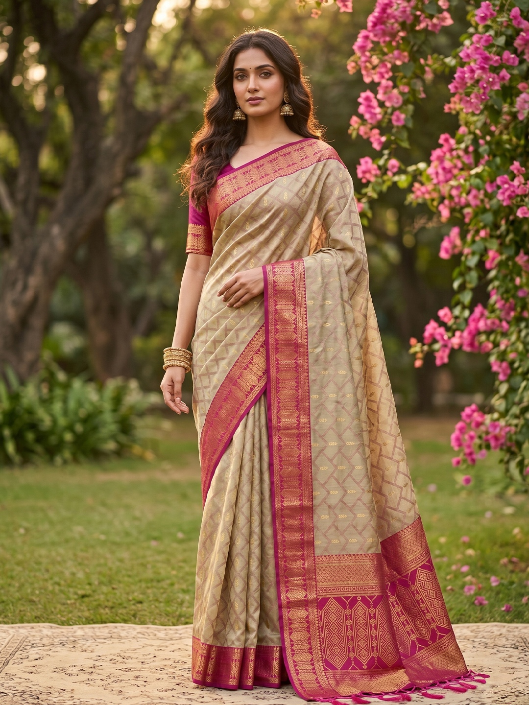 Beige Pink Woven Cotton Saree