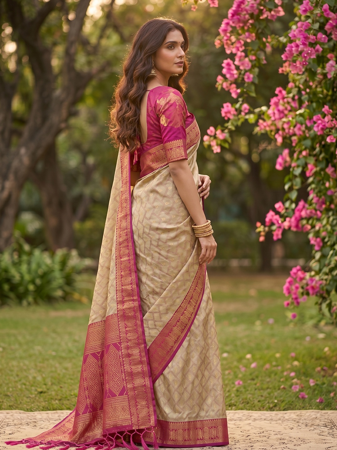 Beige Pink Woven Cotton Saree
