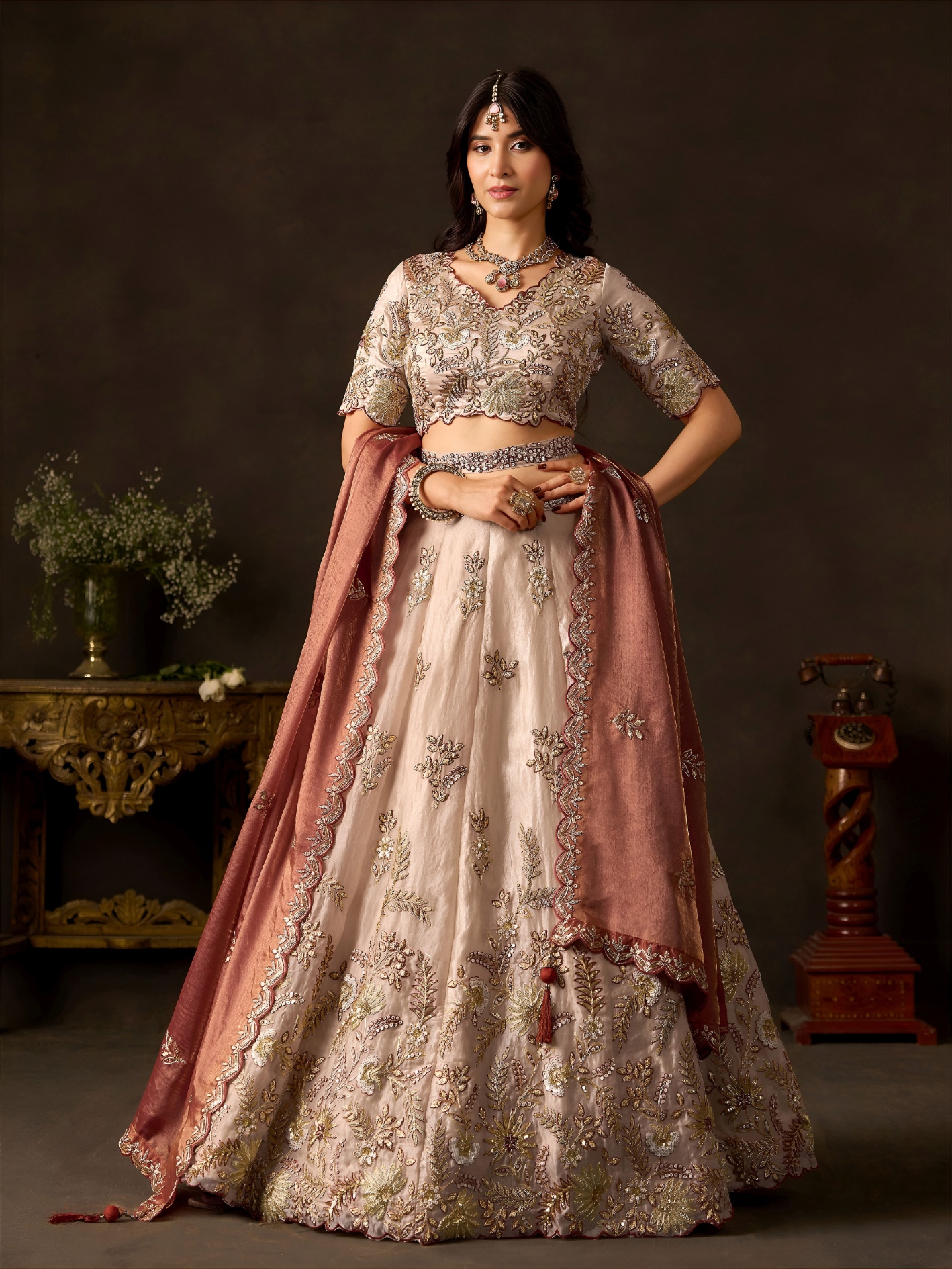 Beige Pink Zari Fendy Bridal Lehenga Choli