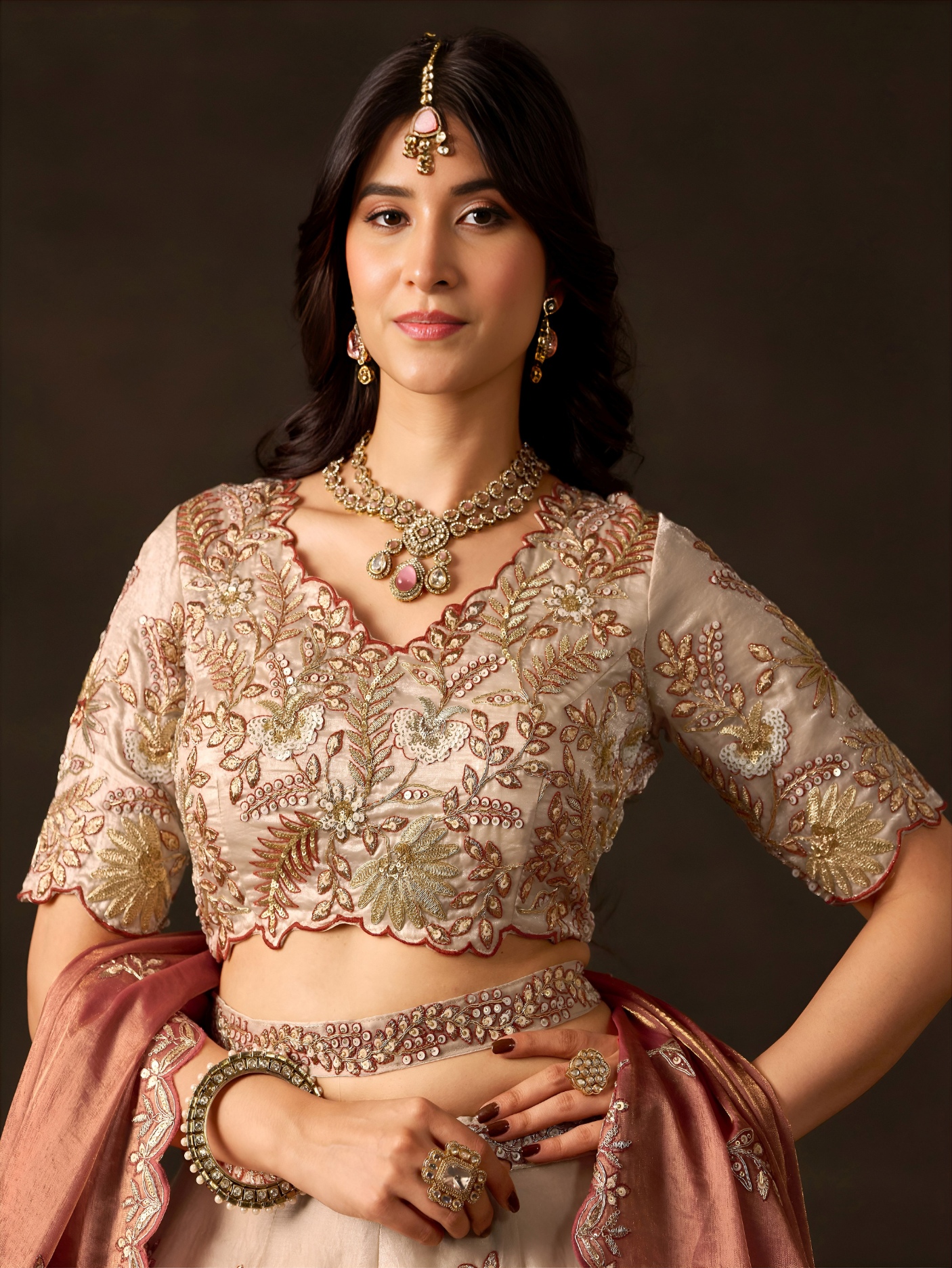 Beige Pink Zari Fendy Bridal Lehenga Choli