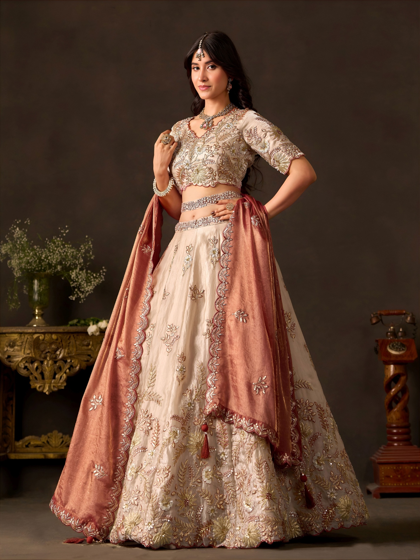 Beige Pink Zari Fendy Bridal Lehenga Choli