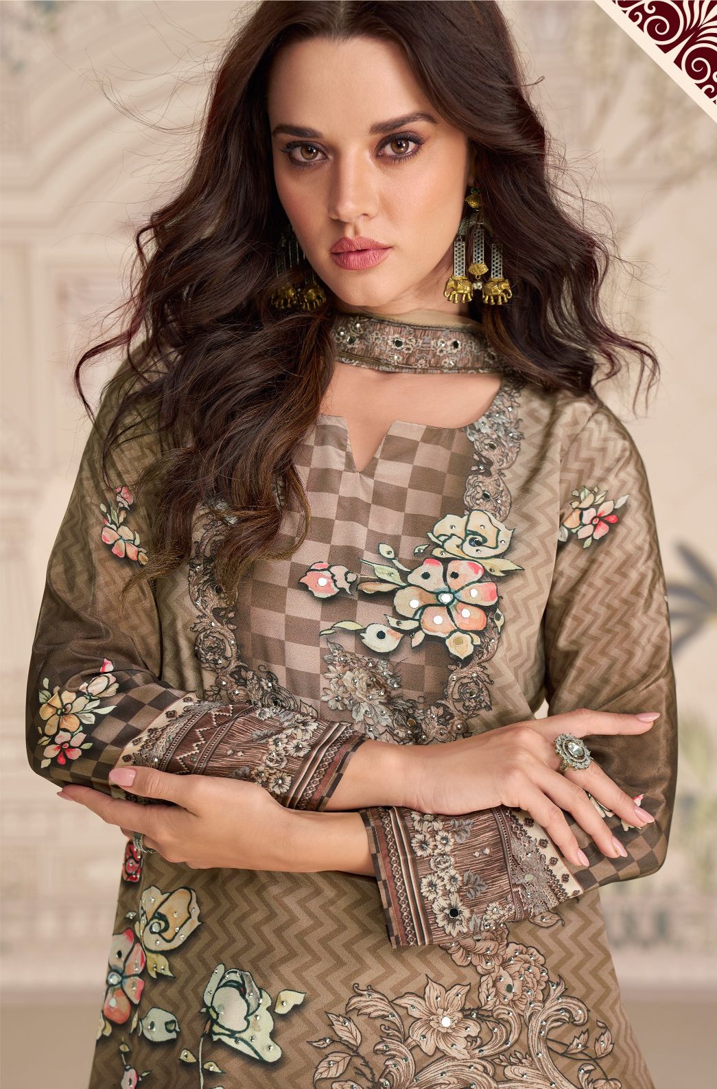 Beige Printed N Embroidered Crepe Silk Palazzo Suit — alternate view