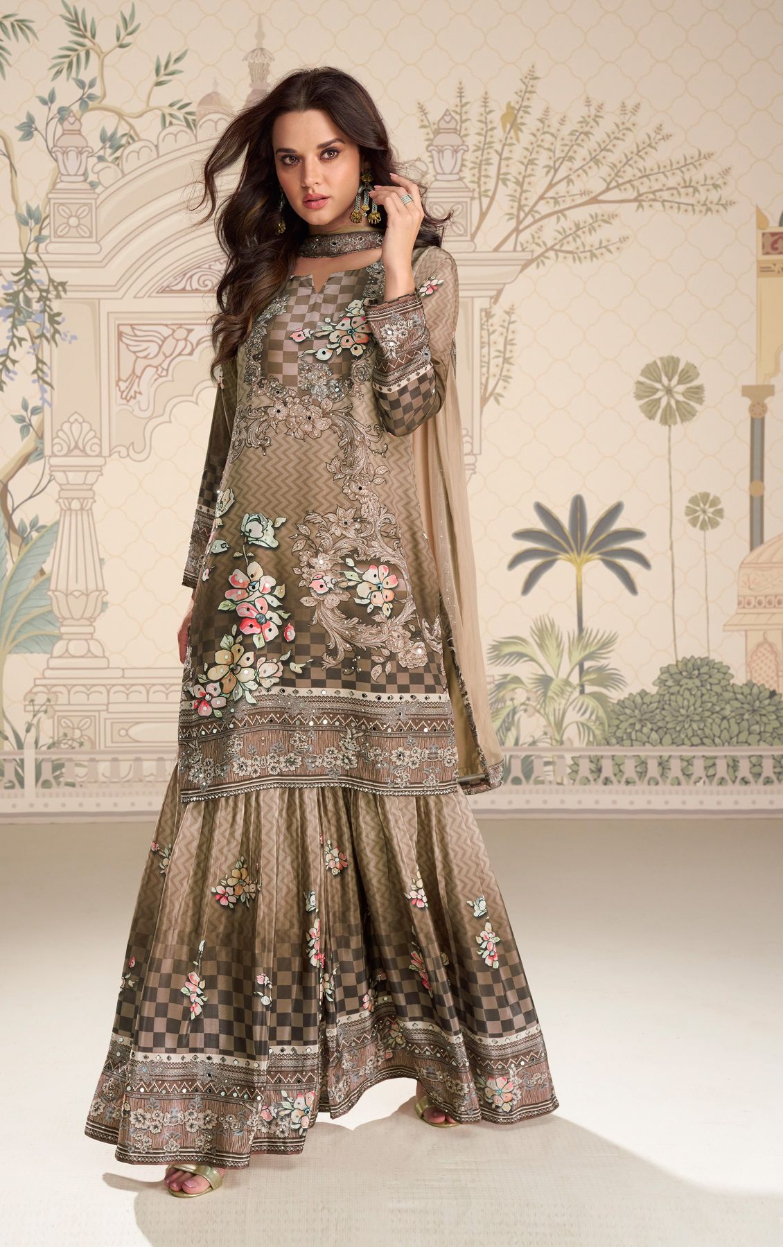 Beige Printed N Embroidered Crepe Silk Palazzo Suit