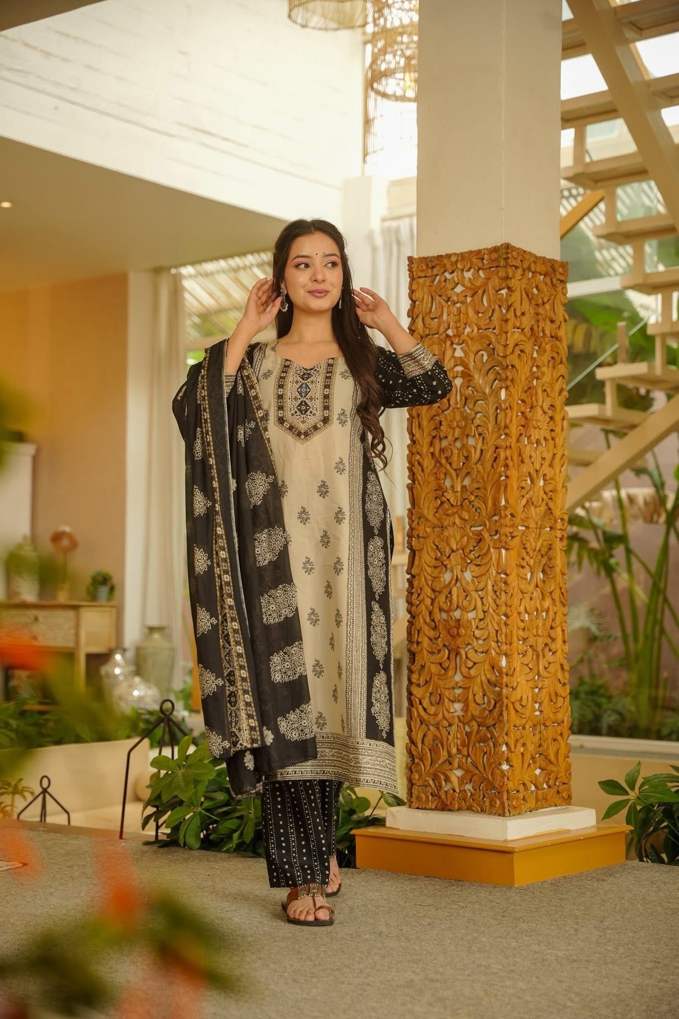 Beige Printed Rayon Slub Straight Suit