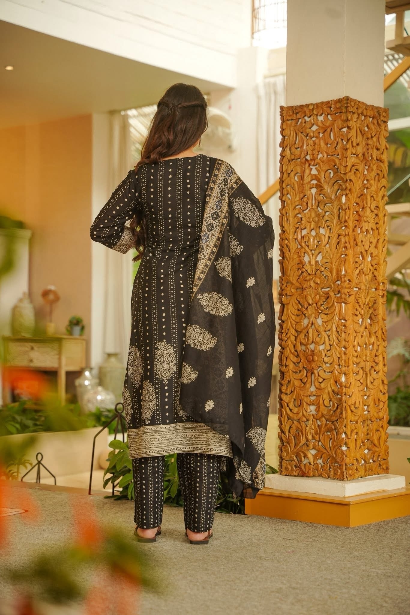 Beige Printed Rayon Slub Straight Suit — alternate view