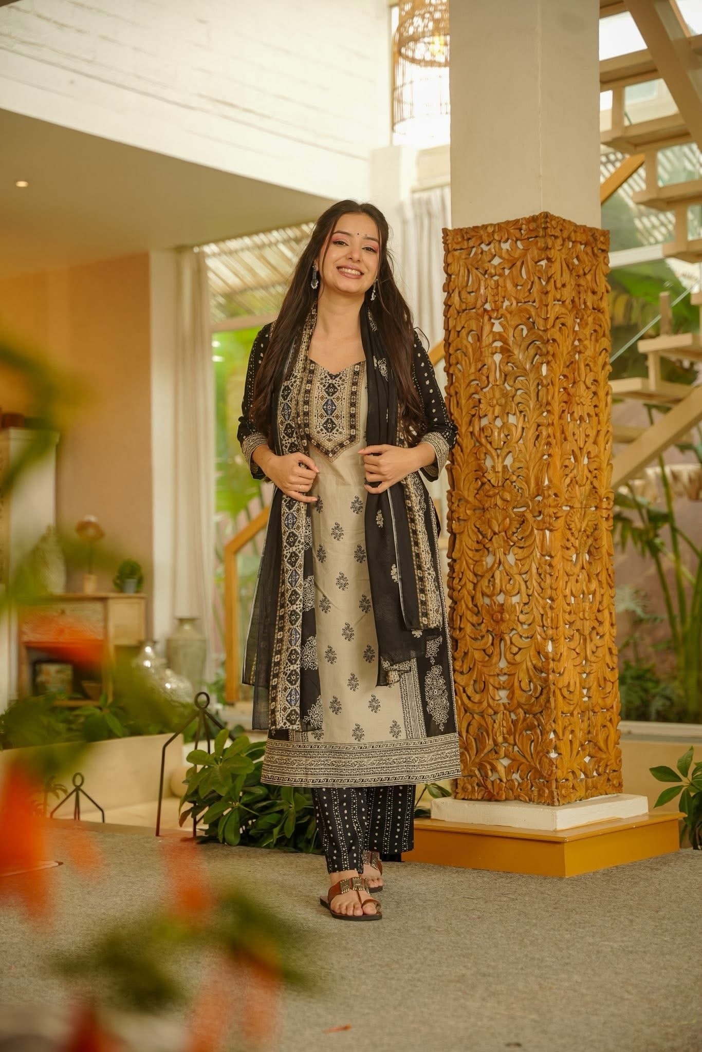 Beige Printed Rayon Slub Straight Suit
