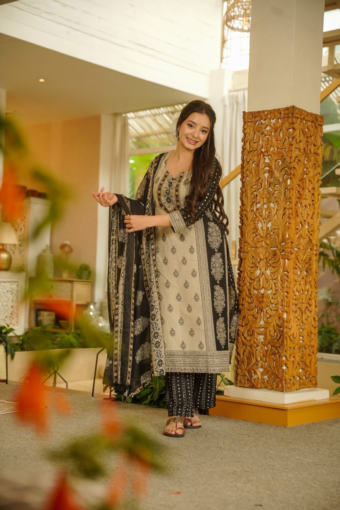 Beige Printed Rayon Slub Straight Suit
