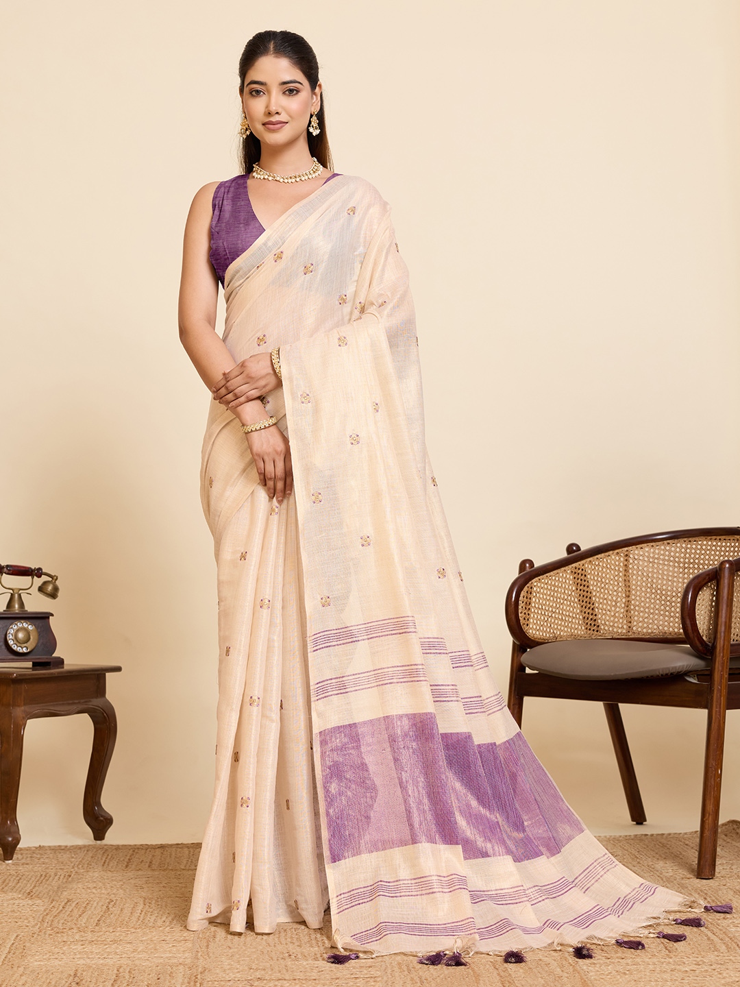 Beige Purple Geometric Woven Linen Silk Designer Saree