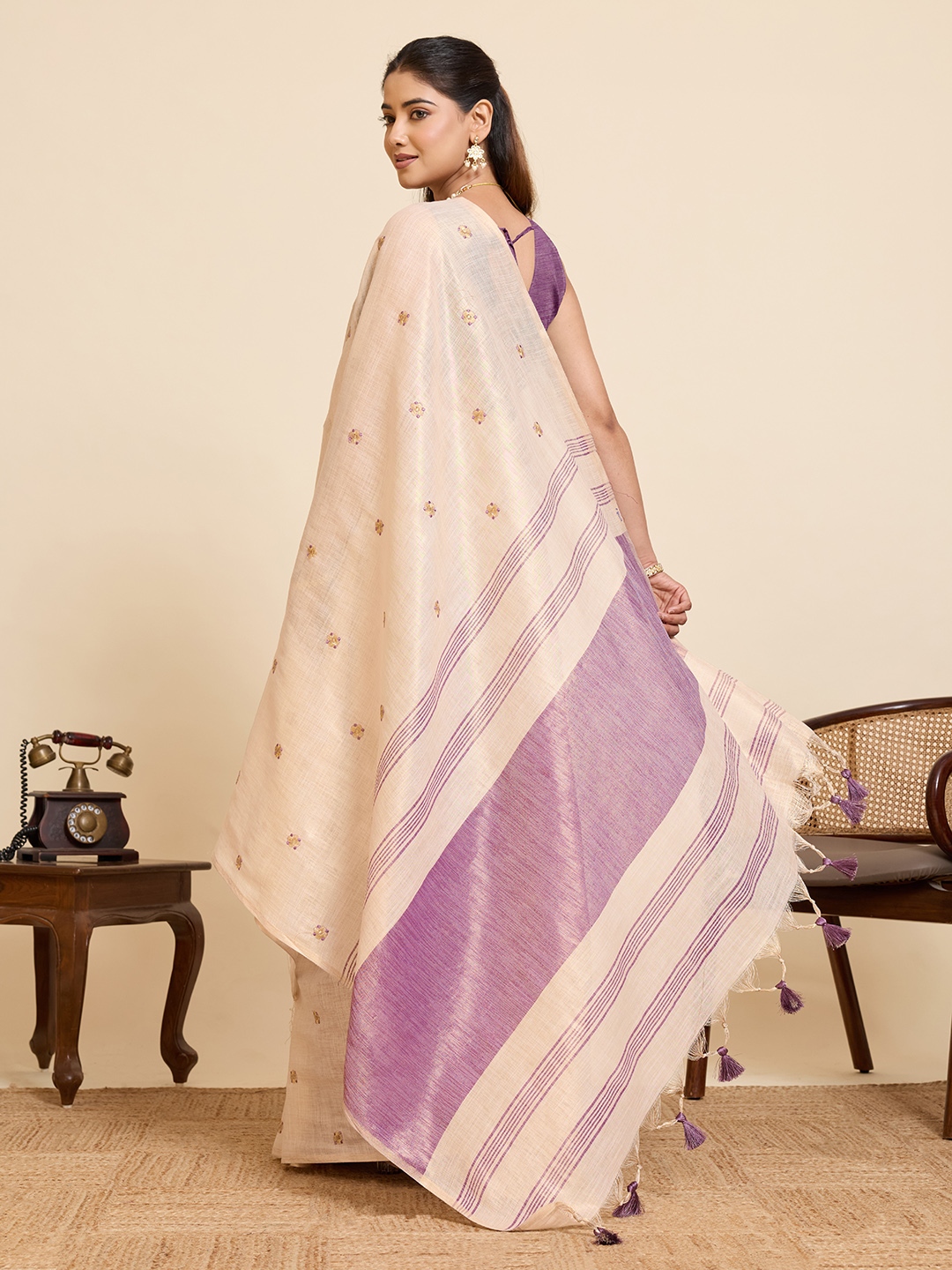 Beige Purple Geometric Woven Linen Silk Designer Saree — alternate view