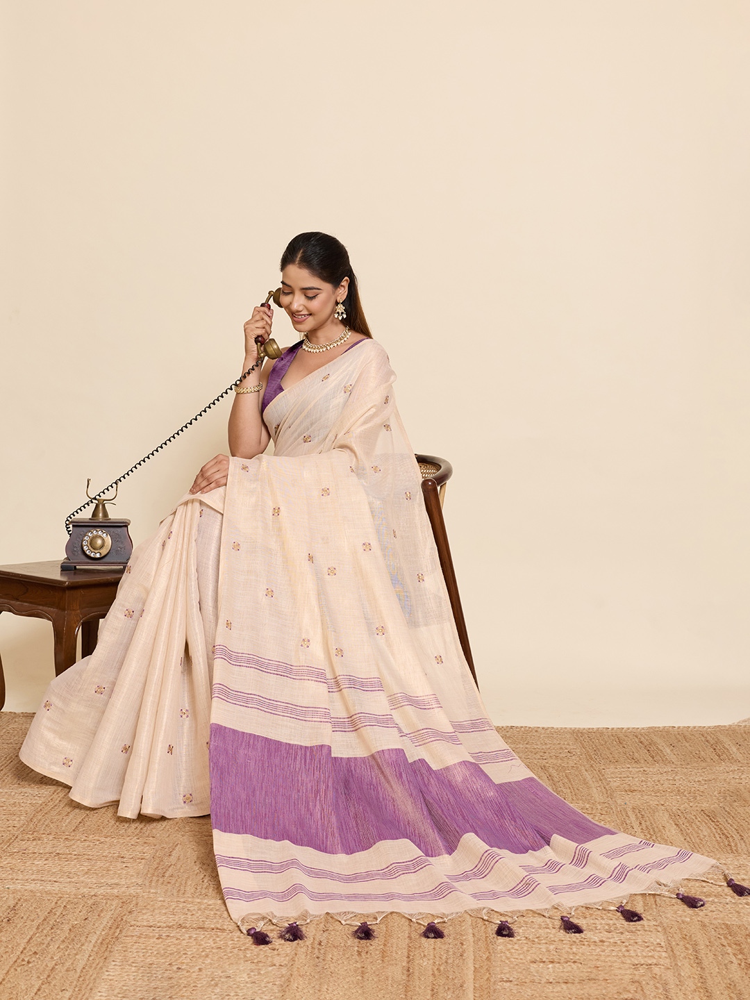 Beige Purple Geometric Woven Linen Silk Designer Saree