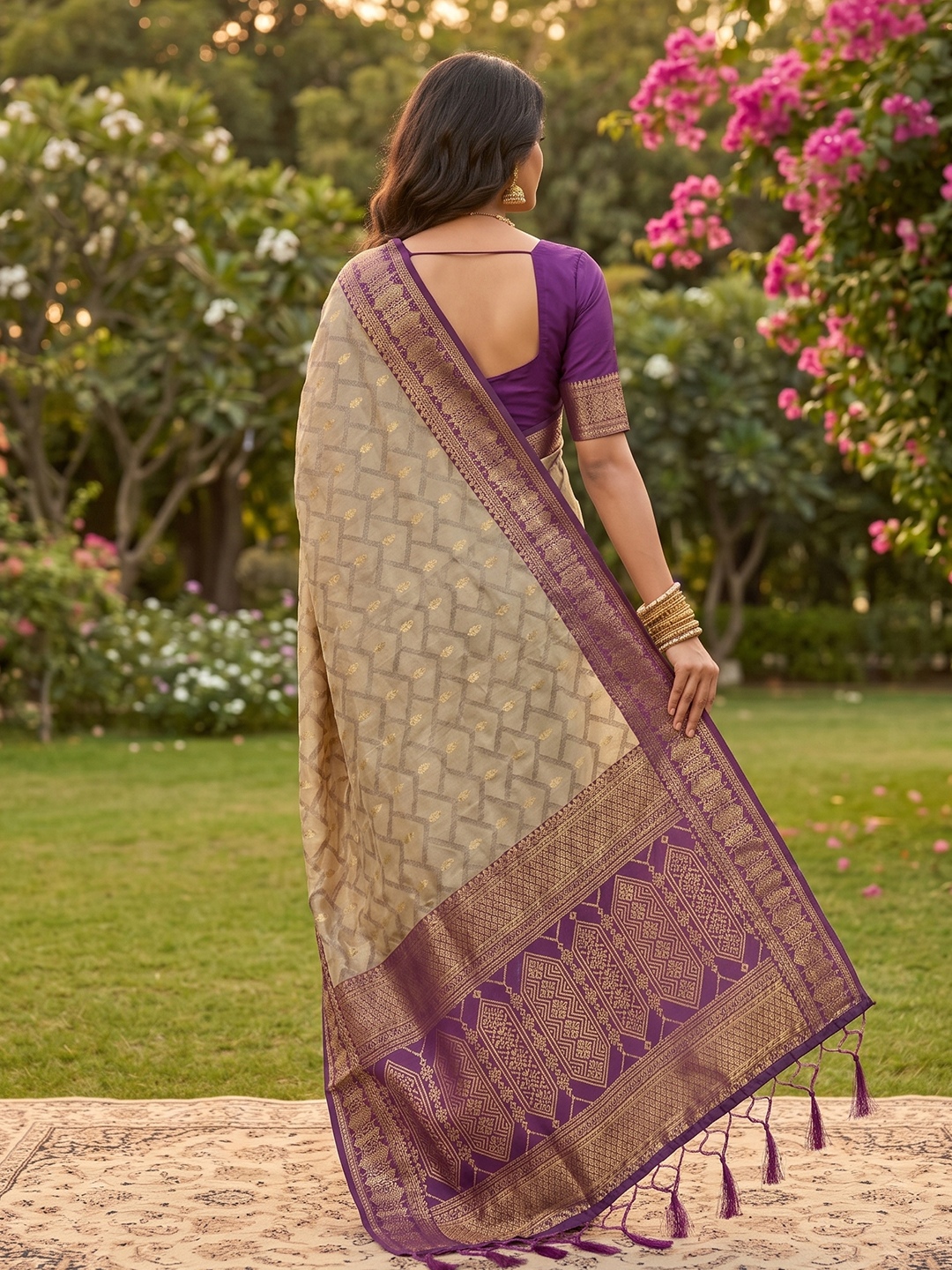 Beige Purple Woven Cotton Saree