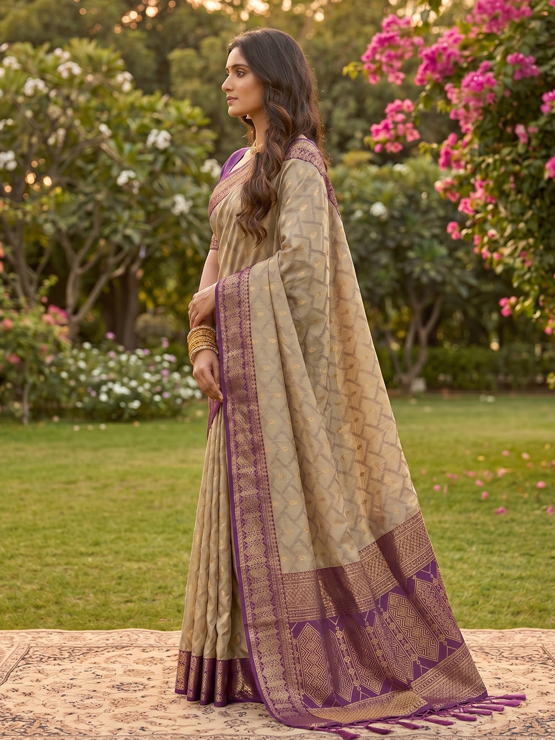 Beige Purple Woven Cotton Saree