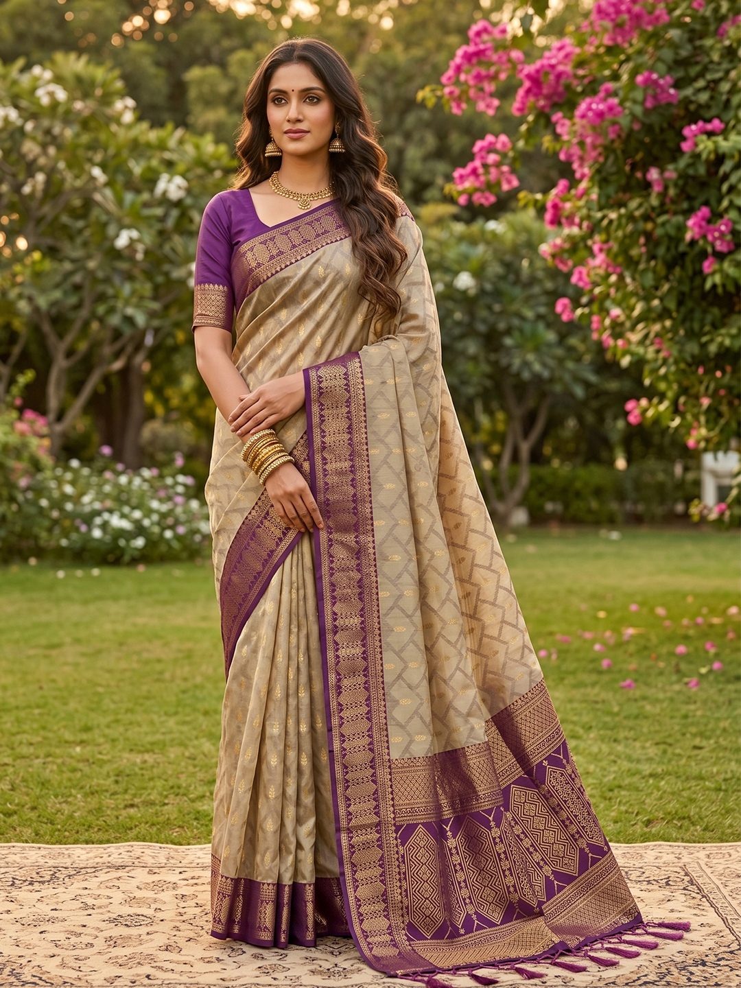 Beige Purple Woven Cotton Saree