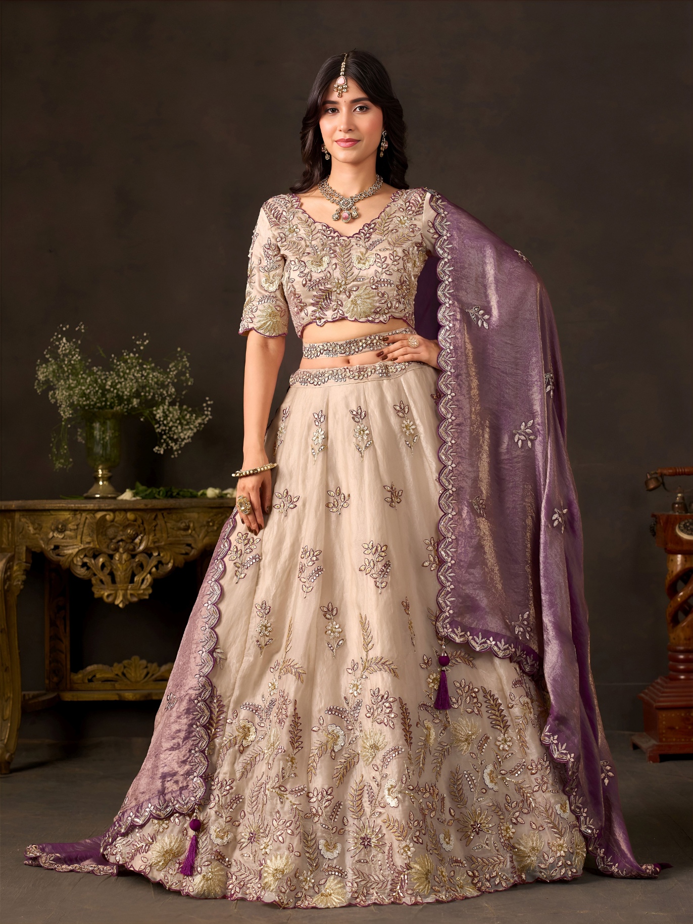 Beige Purple Zari Fendy Bridal Lehenga Choli
