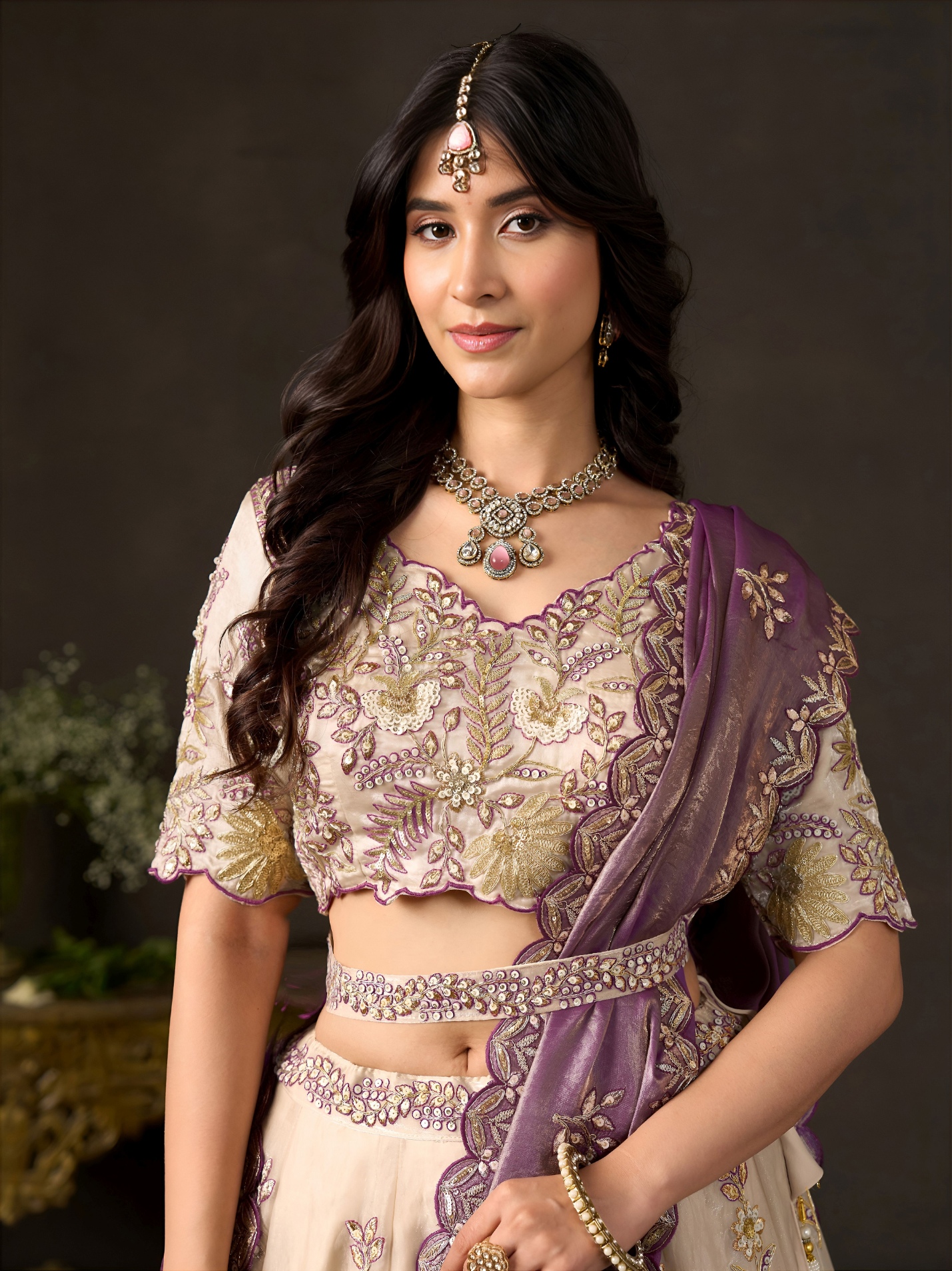 Beige Purple Zari Fendy Bridal Lehenga Choli