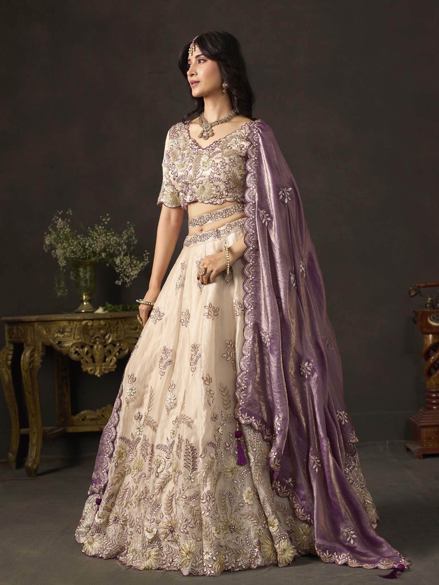 Beige Purple Zari Fendy Bridal Lehenga Choli