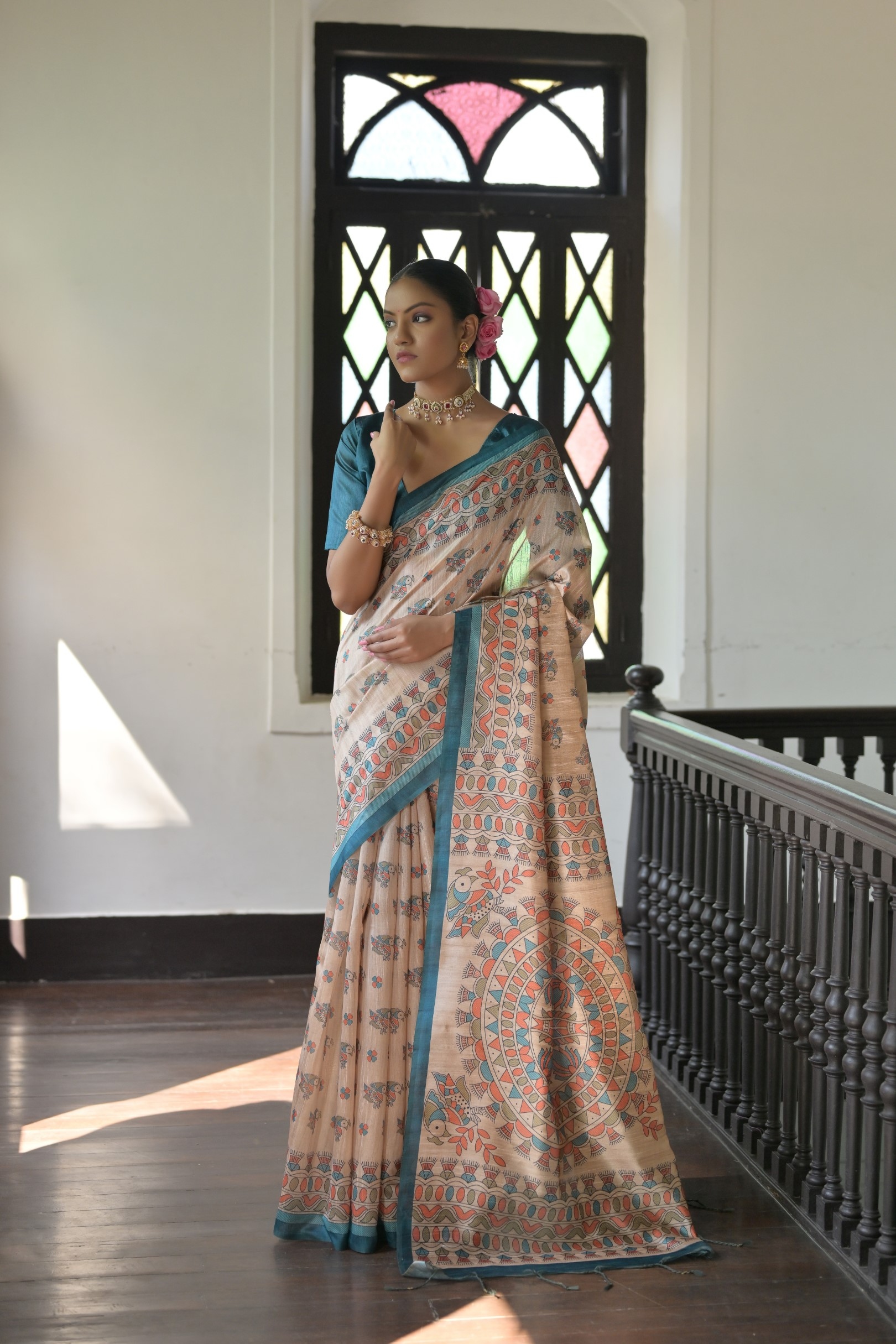 Beige Rama Madhubani Printed Tussar Silk Saree