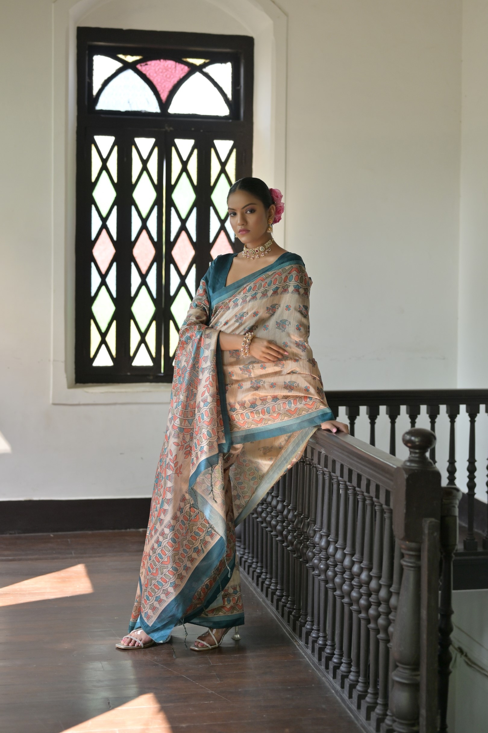 Beige Rama Madhubani Printed Tussar Silk Saree — alternate view