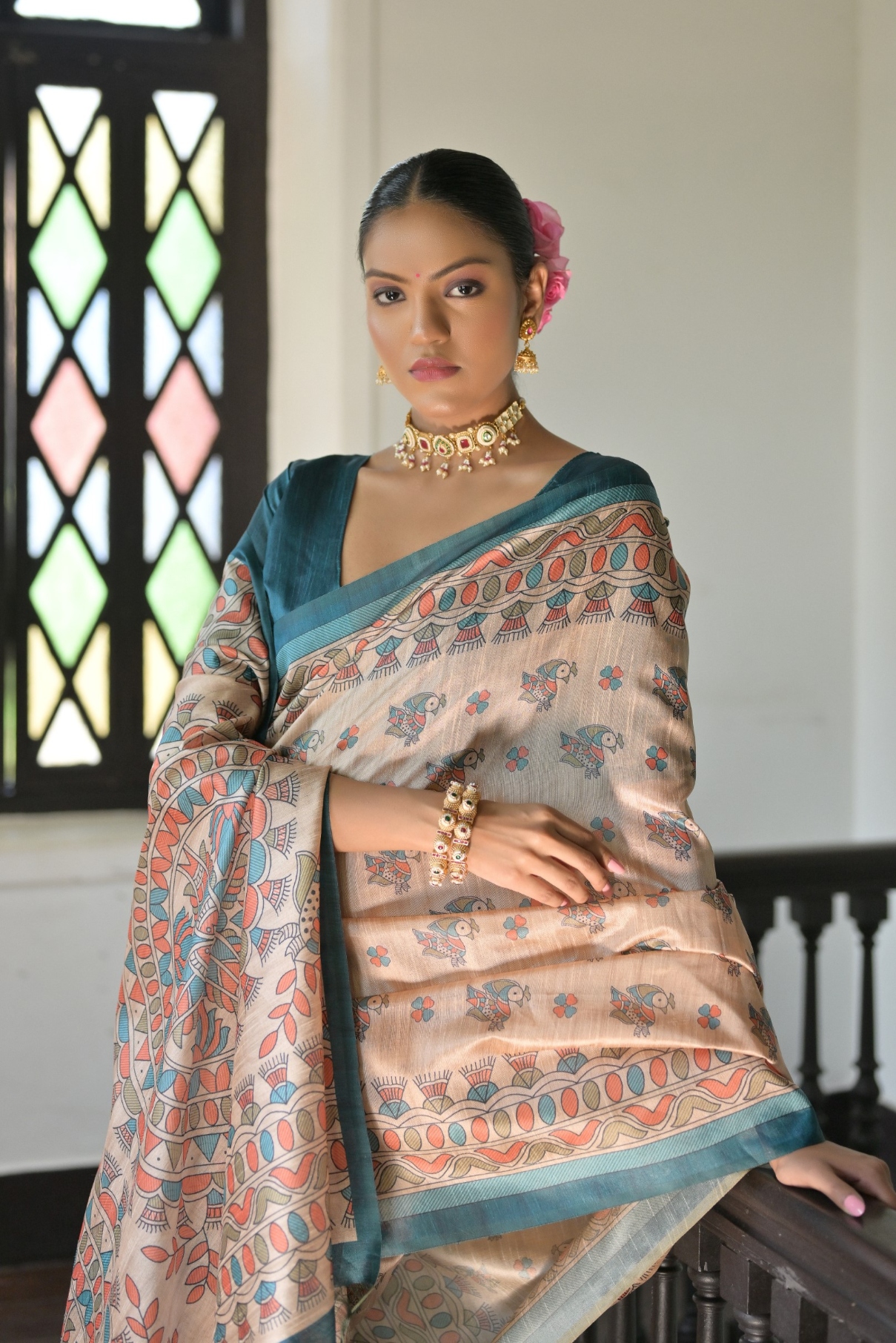 Beige Rama Madhubani Printed Tussar Silk Saree