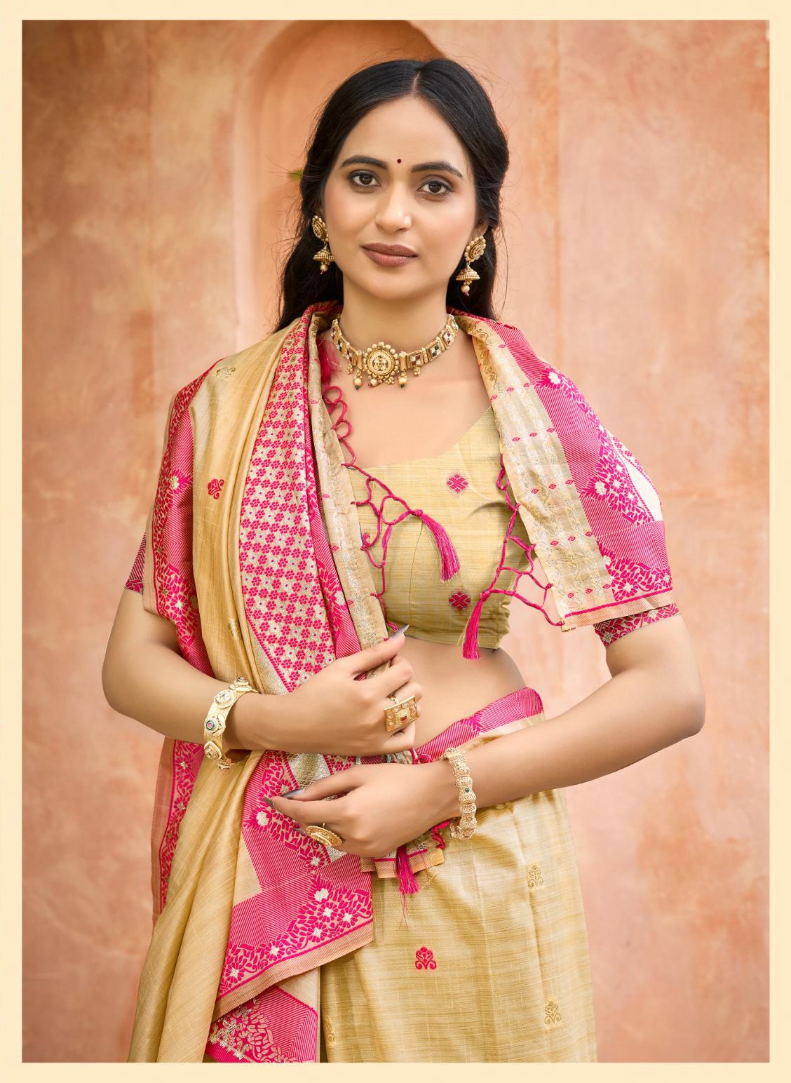 Beige Rani Pink Woven Assam Silk Saree — alternate view
