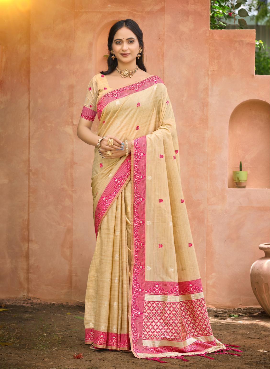 Beige Rani Pink Woven Assam Silk Saree