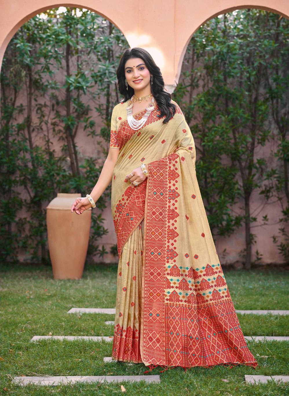Beige Red Geometric Woven Assam Silk Saree