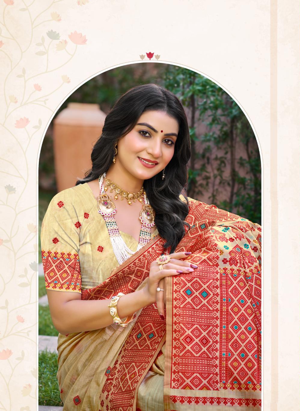 Beige Red Geometric Woven Assam Silk Saree — alternate view