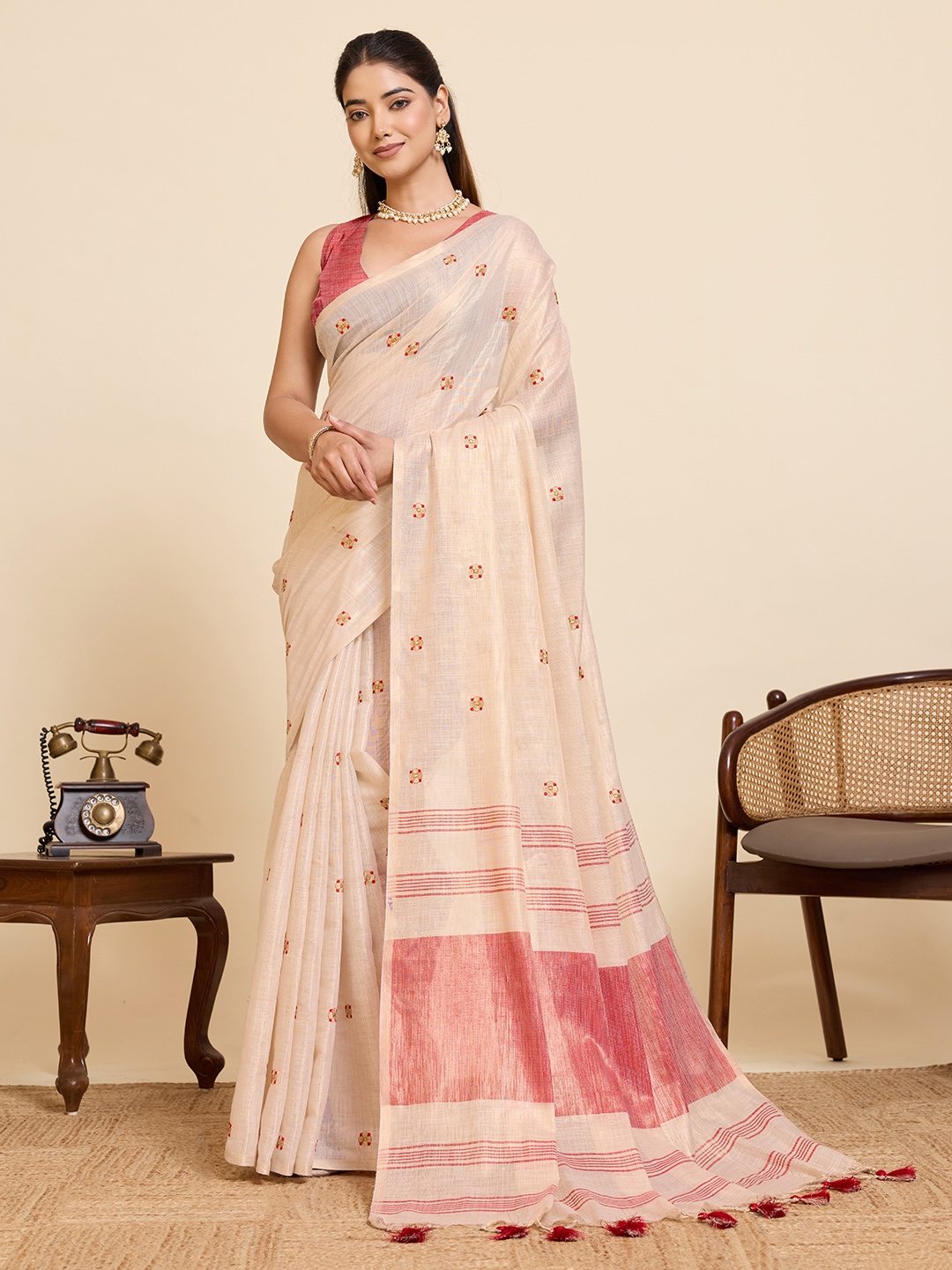 Beige Red Geometric Woven Linen Silk Designer Saree
