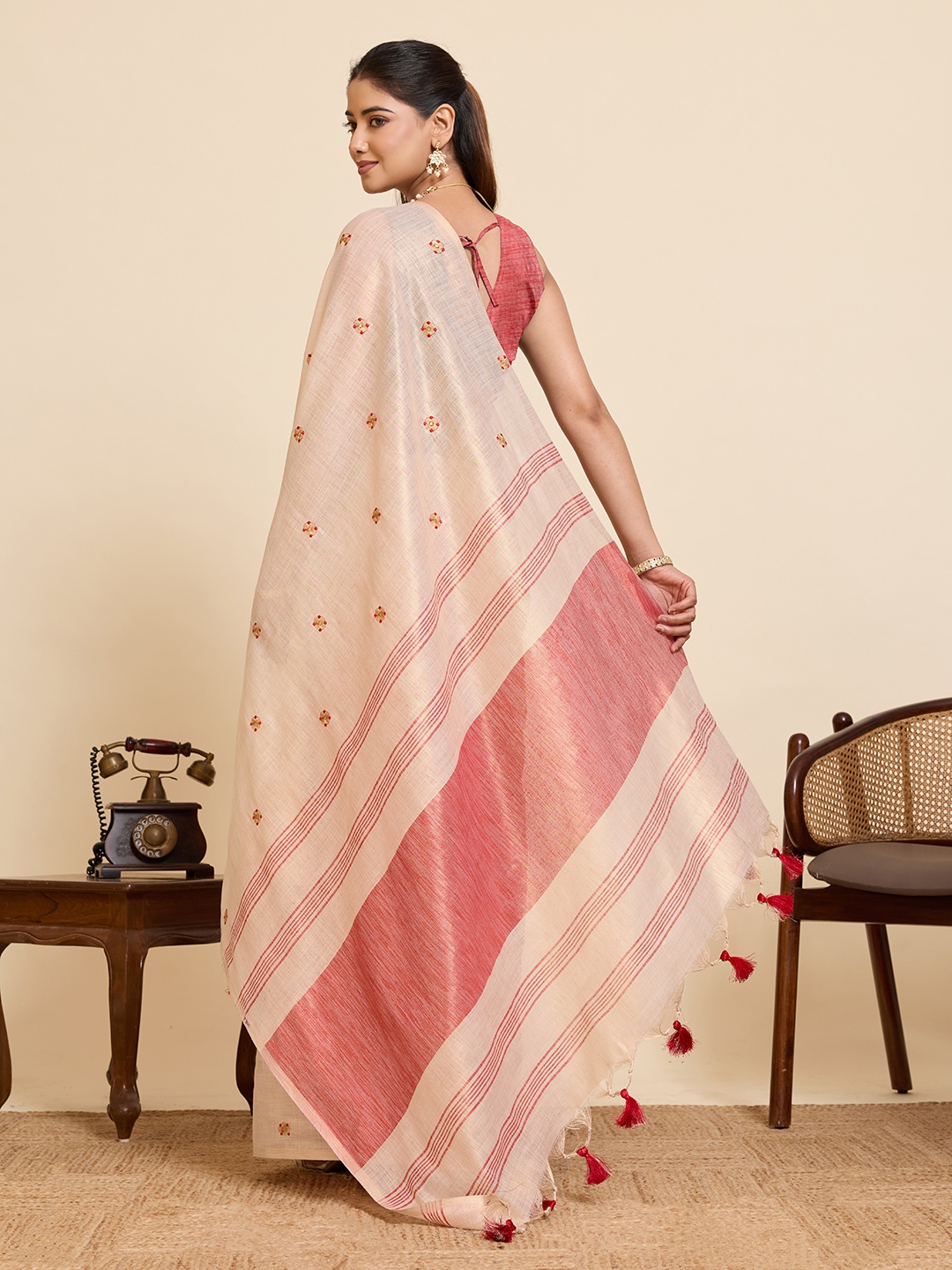 Beige Red Geometric Woven Linen Silk Designer Saree — alternate view
