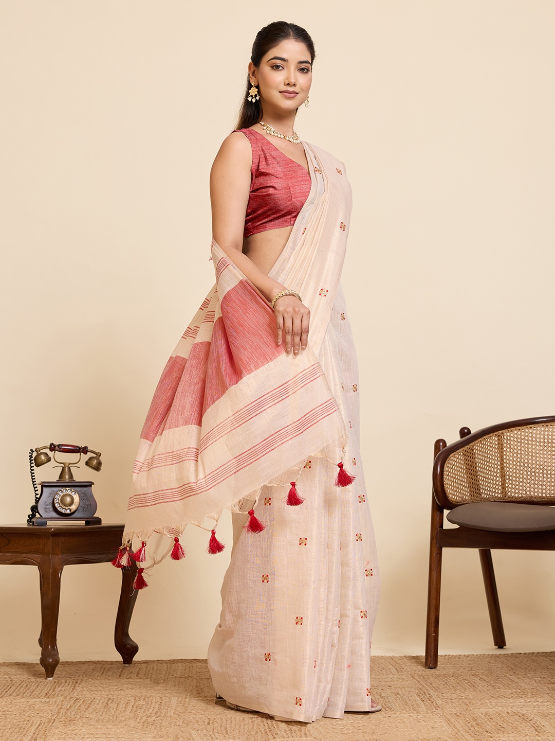 Beige Red Geometric Woven Linen Silk Designer Saree