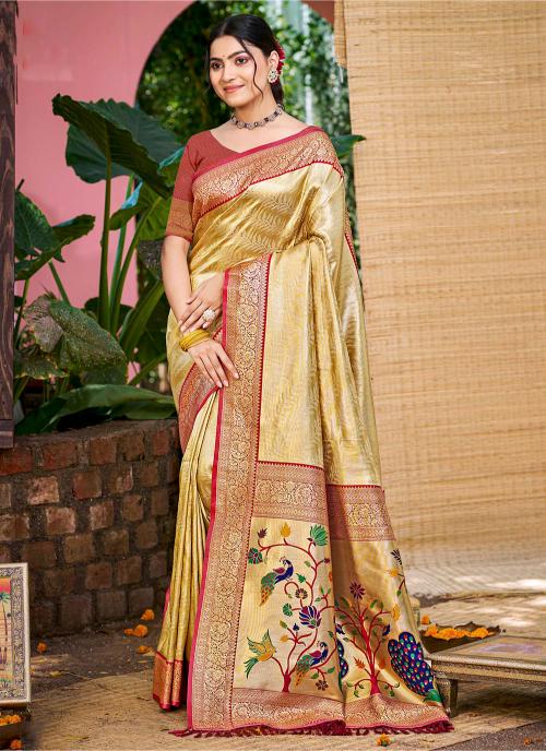 Beige Red Kanjivaram Silk Saree