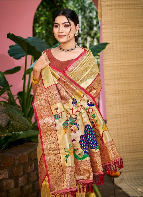 Beige Red Kanjivaram Silk Saree — alternate view