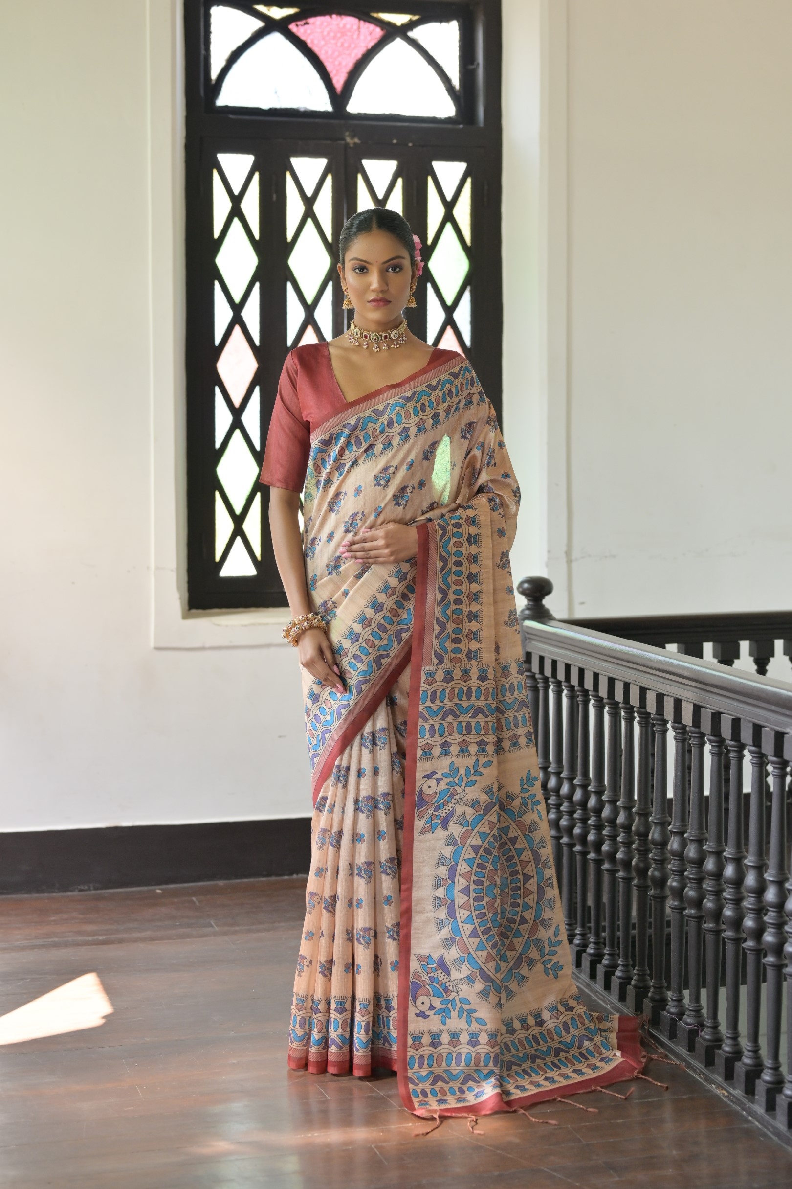 Beige Red Madhubani Printed Tussar Silk Saree