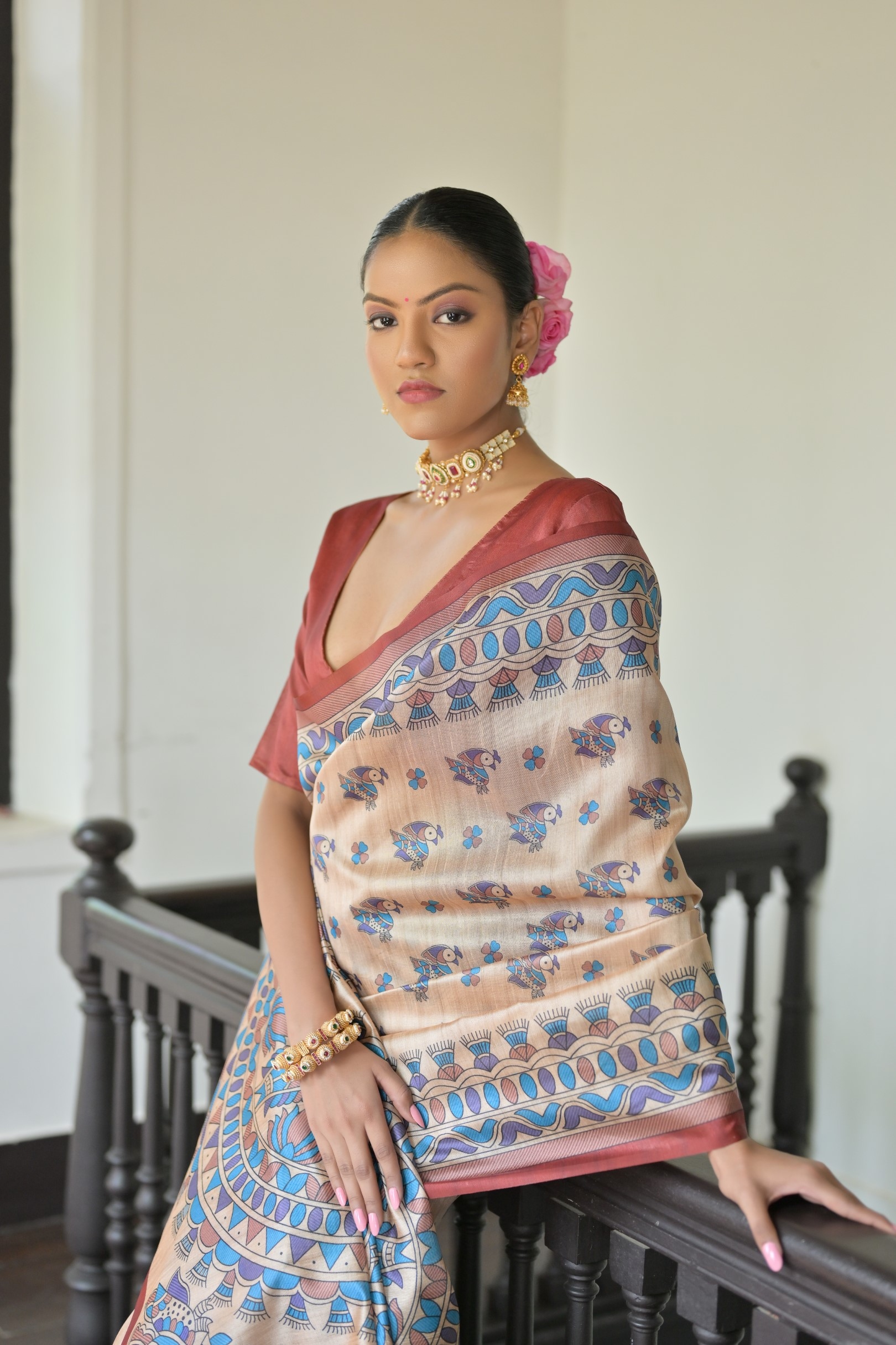 Beige Red Madhubani Printed Tussar Silk Saree — alternate view