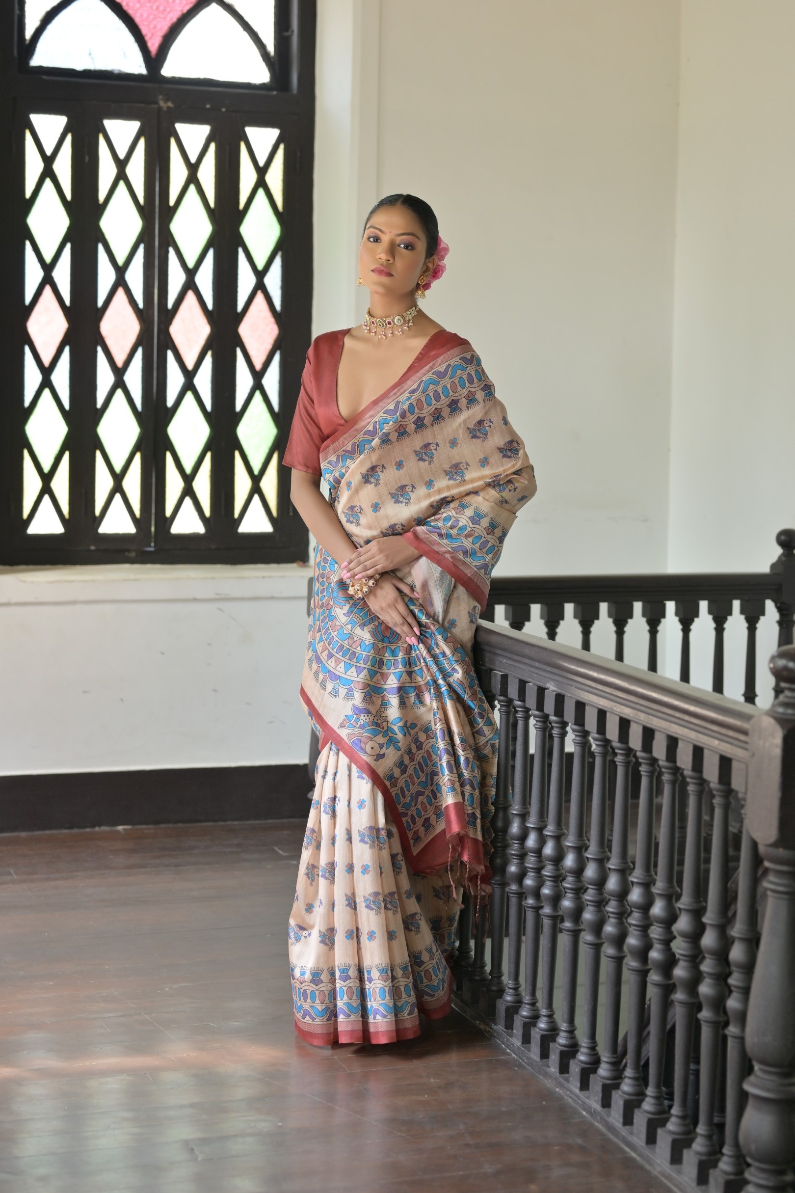 Beige Red Madhubani Printed Tussar Silk Saree