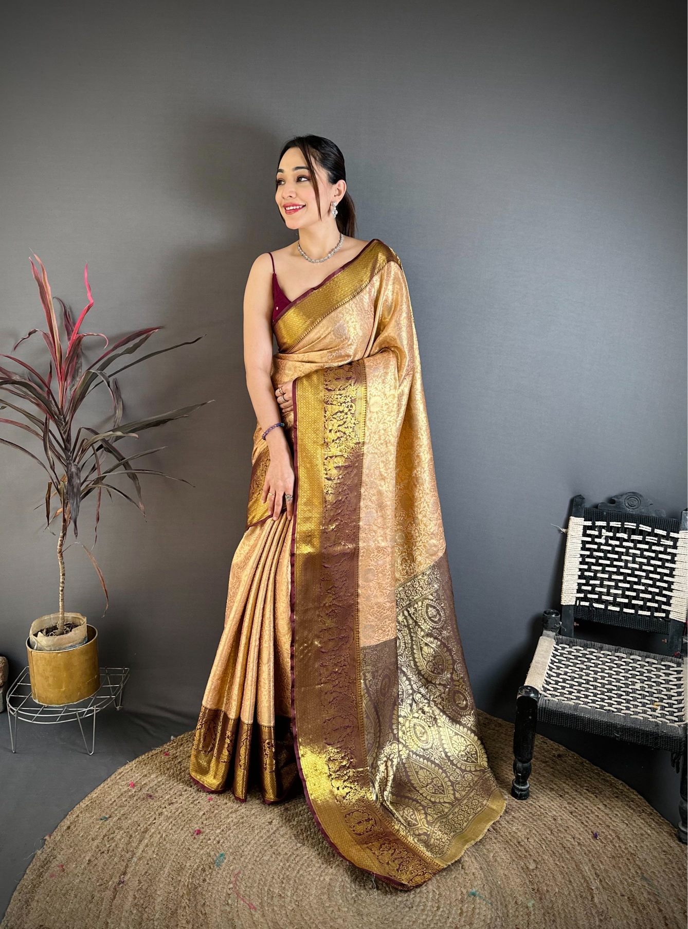 Beige Regal Jacquard Kanchipuram Silk Saree