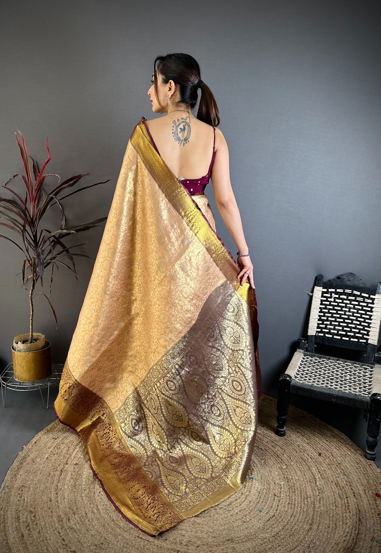 Beige Regal Jacquard Kanchipuram Silk Saree — alternate view
