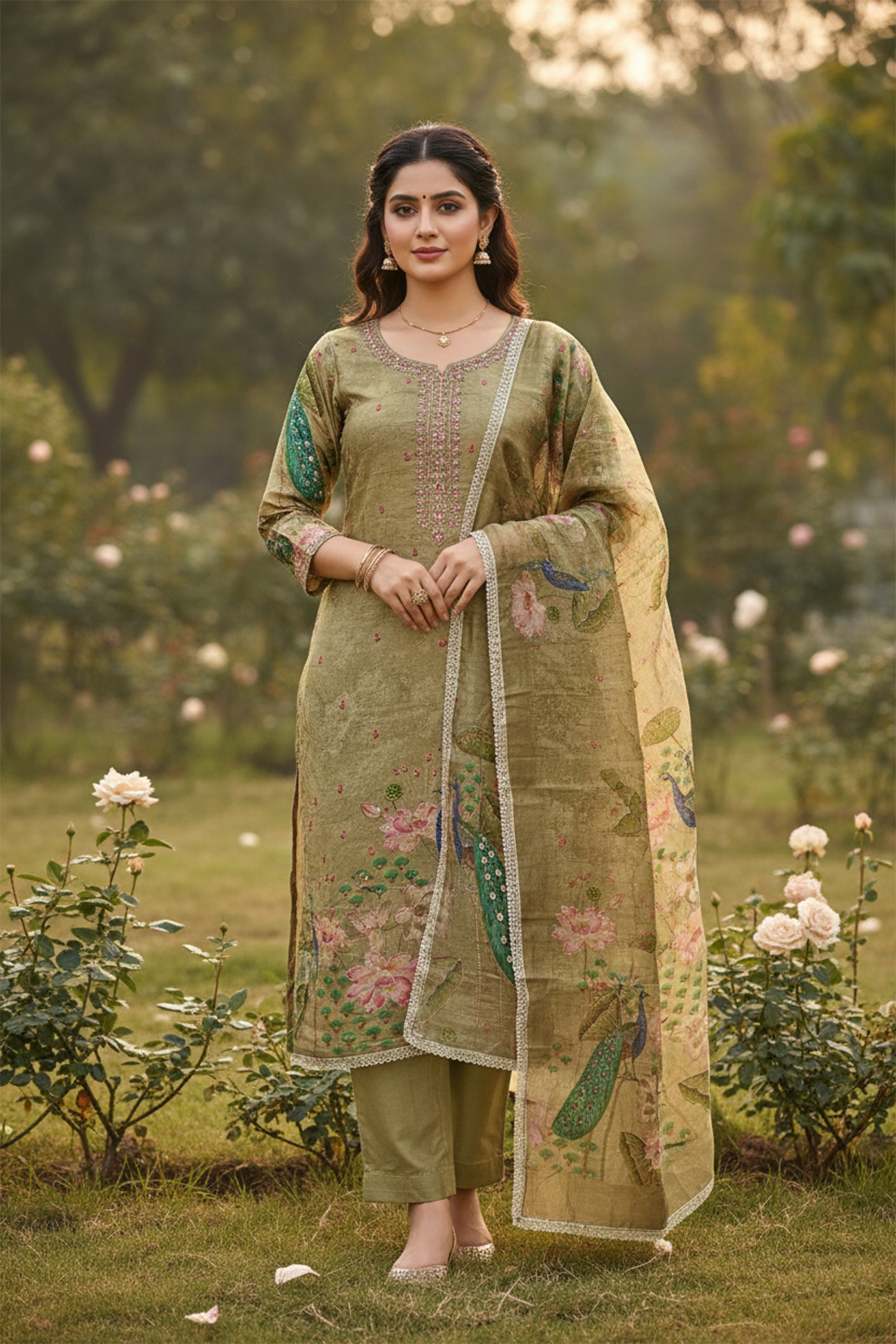 Beige Rose Straight Floral Simmer Cotton Salwar Suit