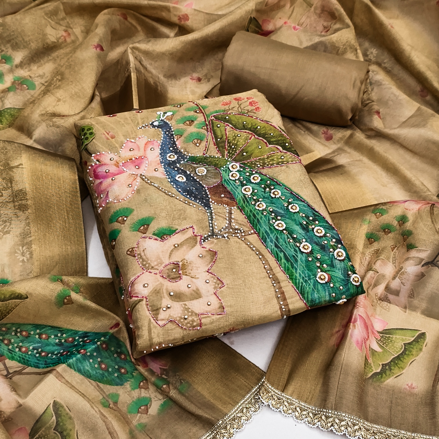 Beige Rose Straight Floral Simmer Cotton Salwar Suit