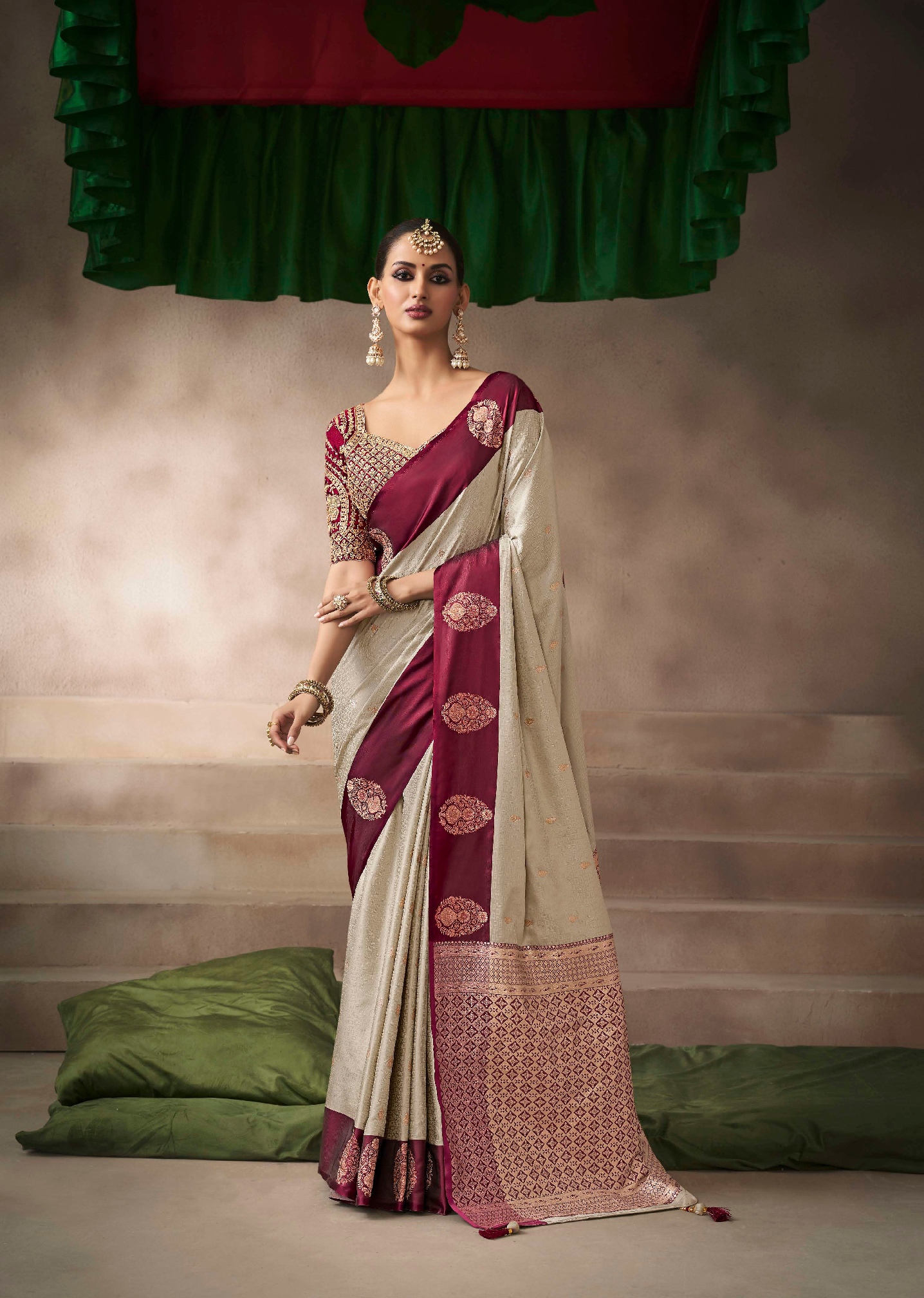 Beige Satin Silk Subtle Zari Woven Saree