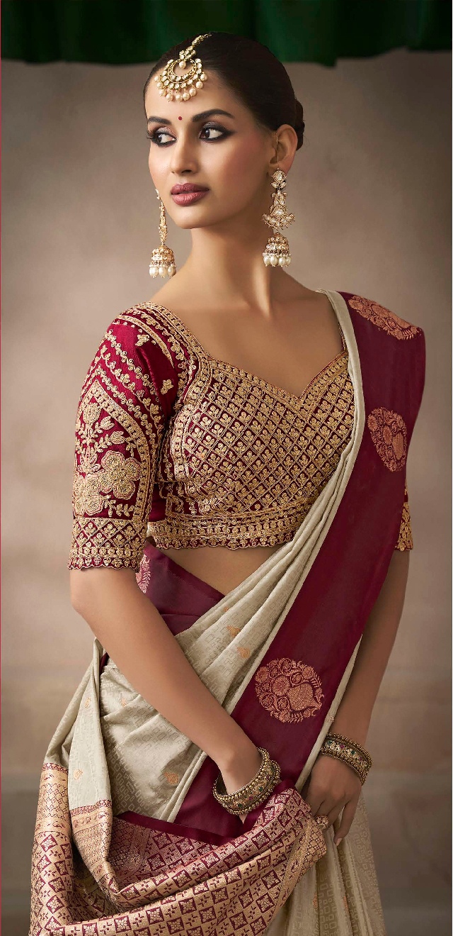Beige Satin Silk Subtle Zari Woven Saree