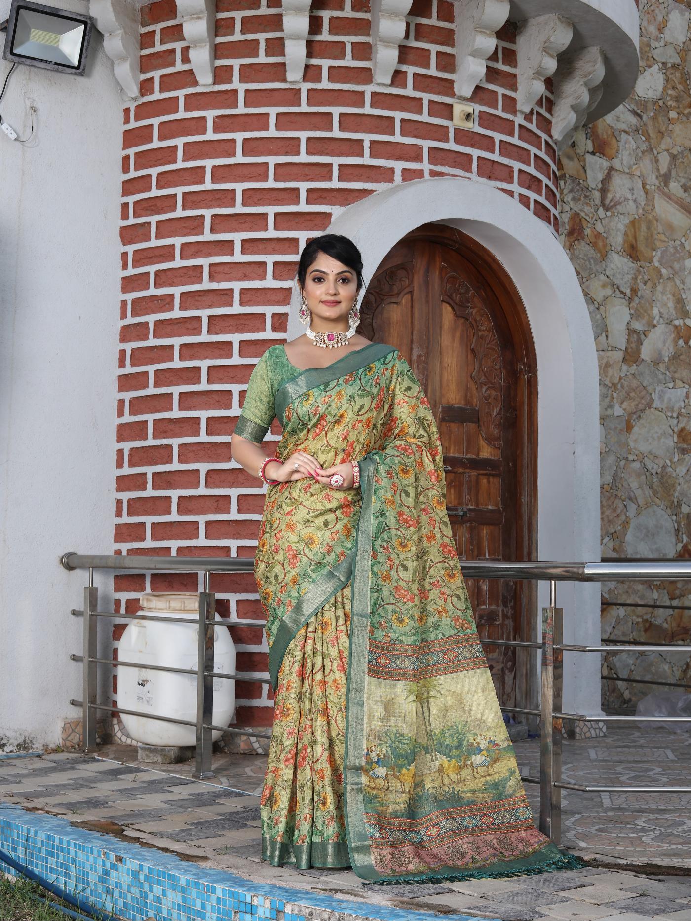 Beige Sea Green Cotton Shimmer Saree