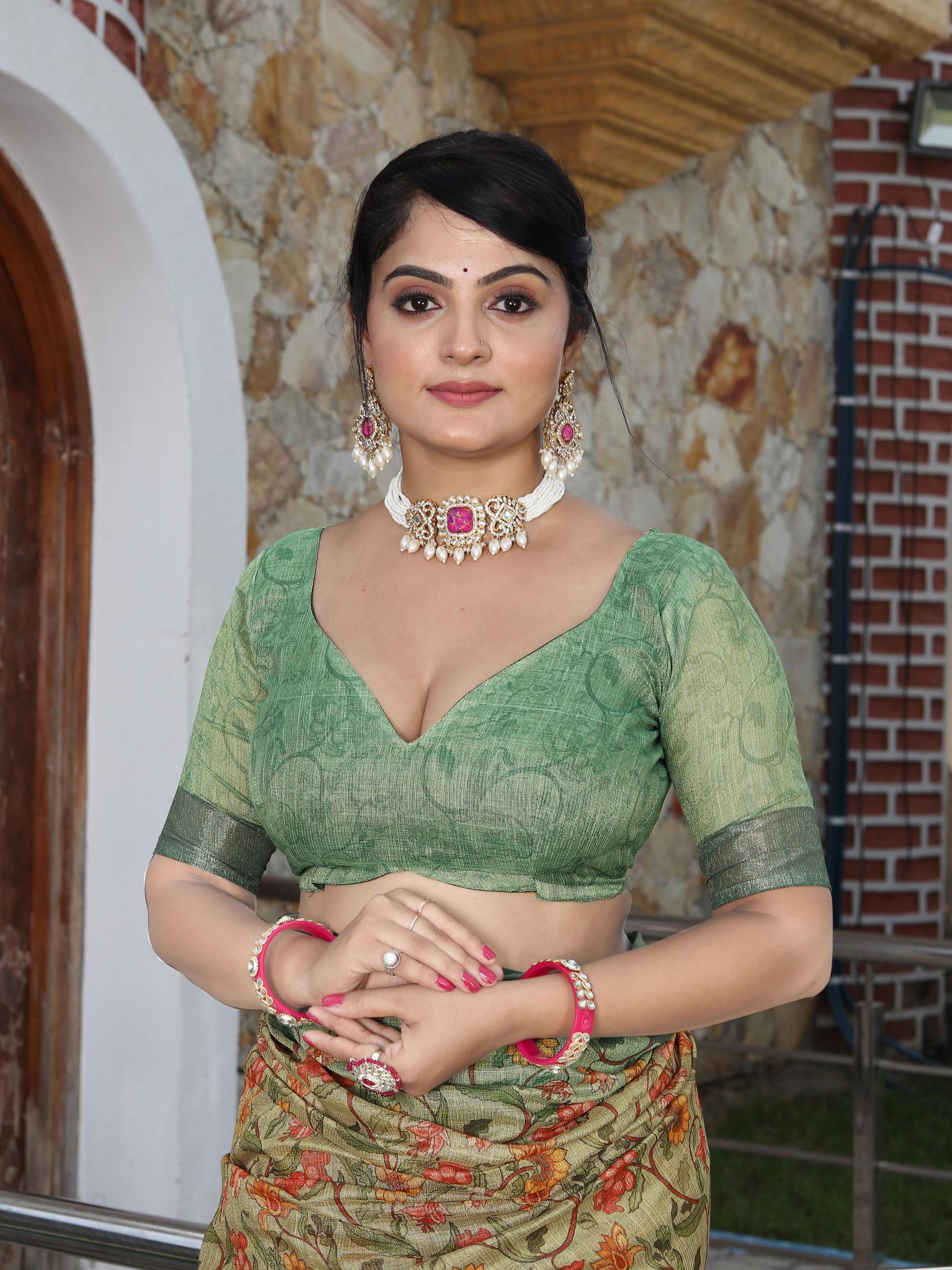 Beige Sea Green Cotton Shimmer Saree