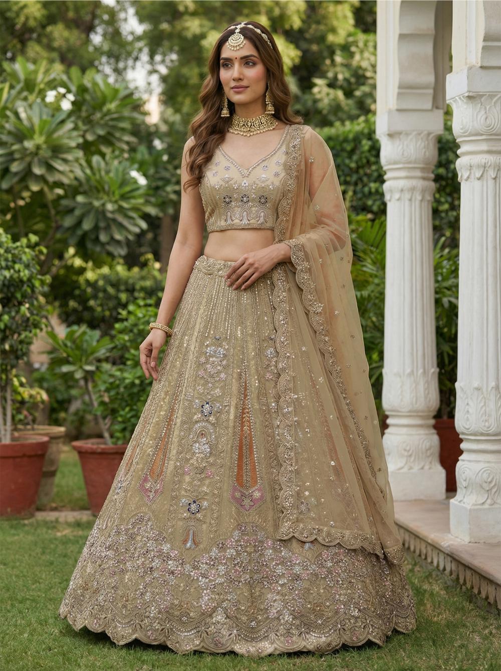 Beige Sequins Embroidered Bridal Net Lehenga Choli