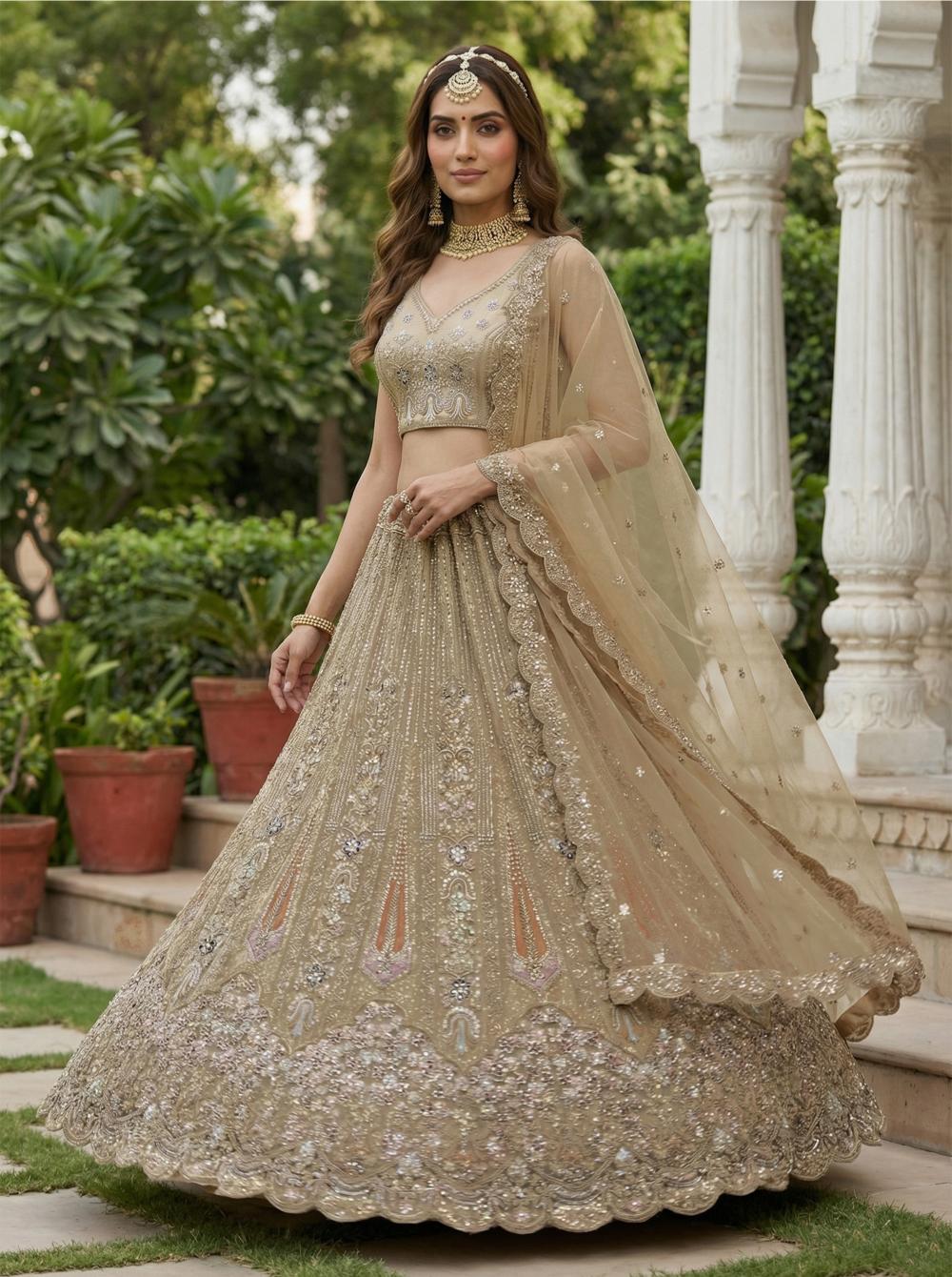 Beige Sequins Embroidered Bridal Net Lehenga Choli